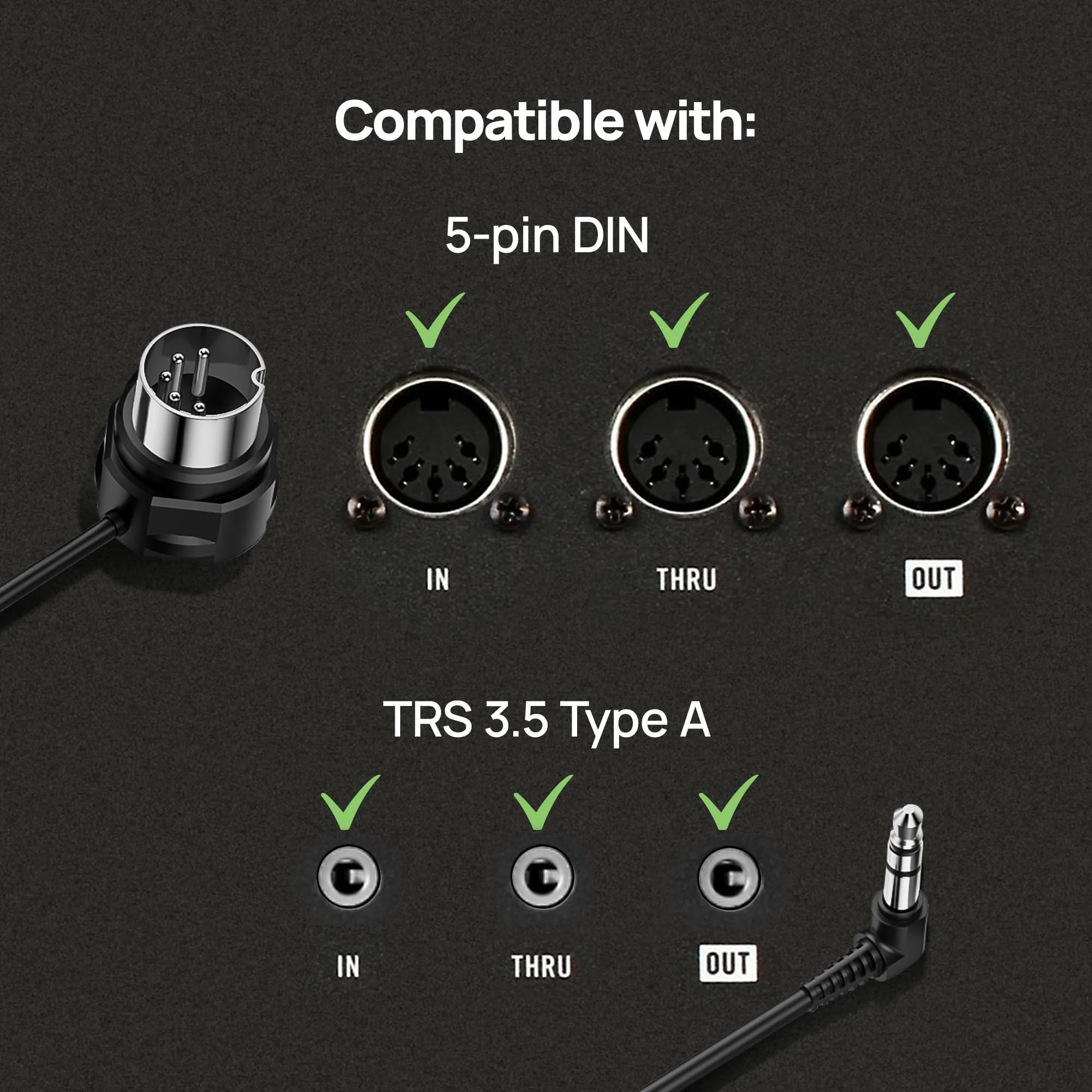 CME TRS MIDI Cable 4-Pack - TRS Type A (3.5mm - 1/8”) to 5-pin DIN, 3FT / 90CM, Low-Profile - Right Angle Ultra-Thin Plugs for Compact Spaces - Ideal for Synths & Pedalboards 4-Pack Angled - Image 2