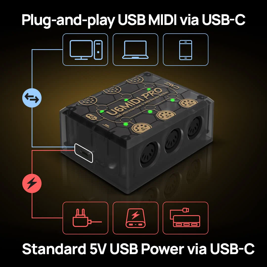 CME U6MIDI Pro - MIDI Interface with Router, Mapper, and Filter - Plug-and-play USB MIDI for computers - Standalone 3-in-3-out MIDI for Merge, Split, Thru - Image 9