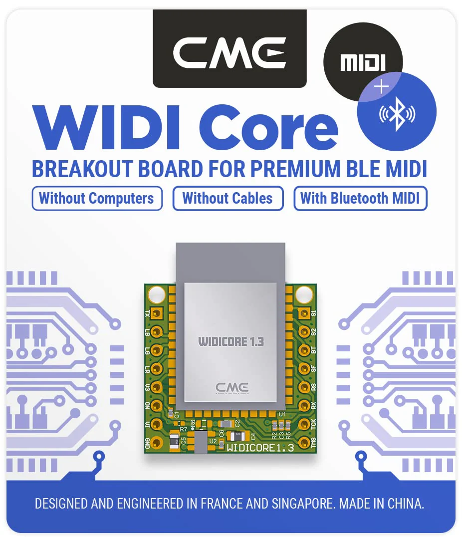 CME WIDI Core - Smart (BLE) breakout board that implements premium MIDI over Bluetooth Low Energy as developed by CME with onboard PCB antenna and populated pin header - Image 2