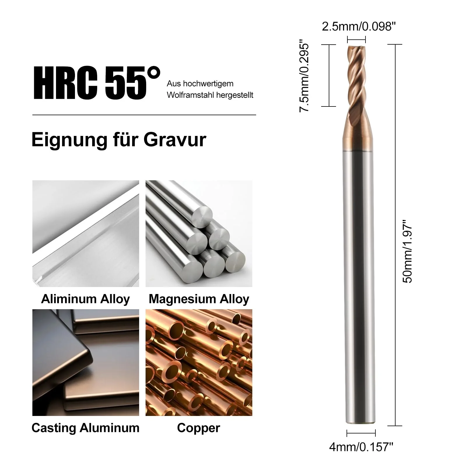 CNC Milling Cutter 2.5 mm Carbide AlTiN 55HRC 4 Flute for Roughing/Finishing Solid Carbide End Mills Tungsten Carbide Pack of 5 D2.5x7.5xD4x50L - Image 2