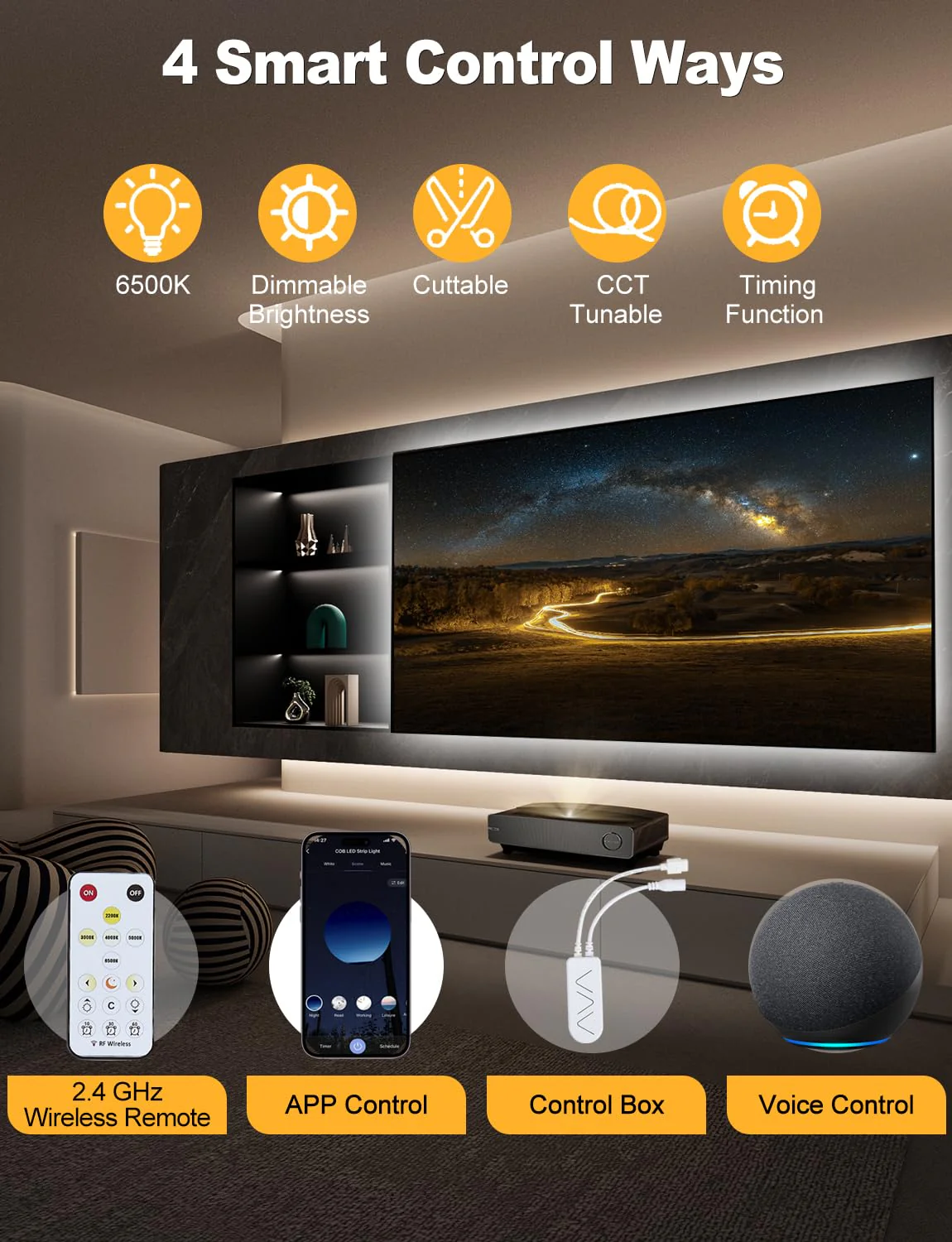 COB LED Strip Light 16.4ft, Dimmable 2300K-6500K White CCT Tunable, DC 24V Cuttable LED Tape Light, High Density 3040 LED 36W CRI 90, APP Remote Control, Music Mode, For Home DIY, Living Room, Bedroom - Image 3