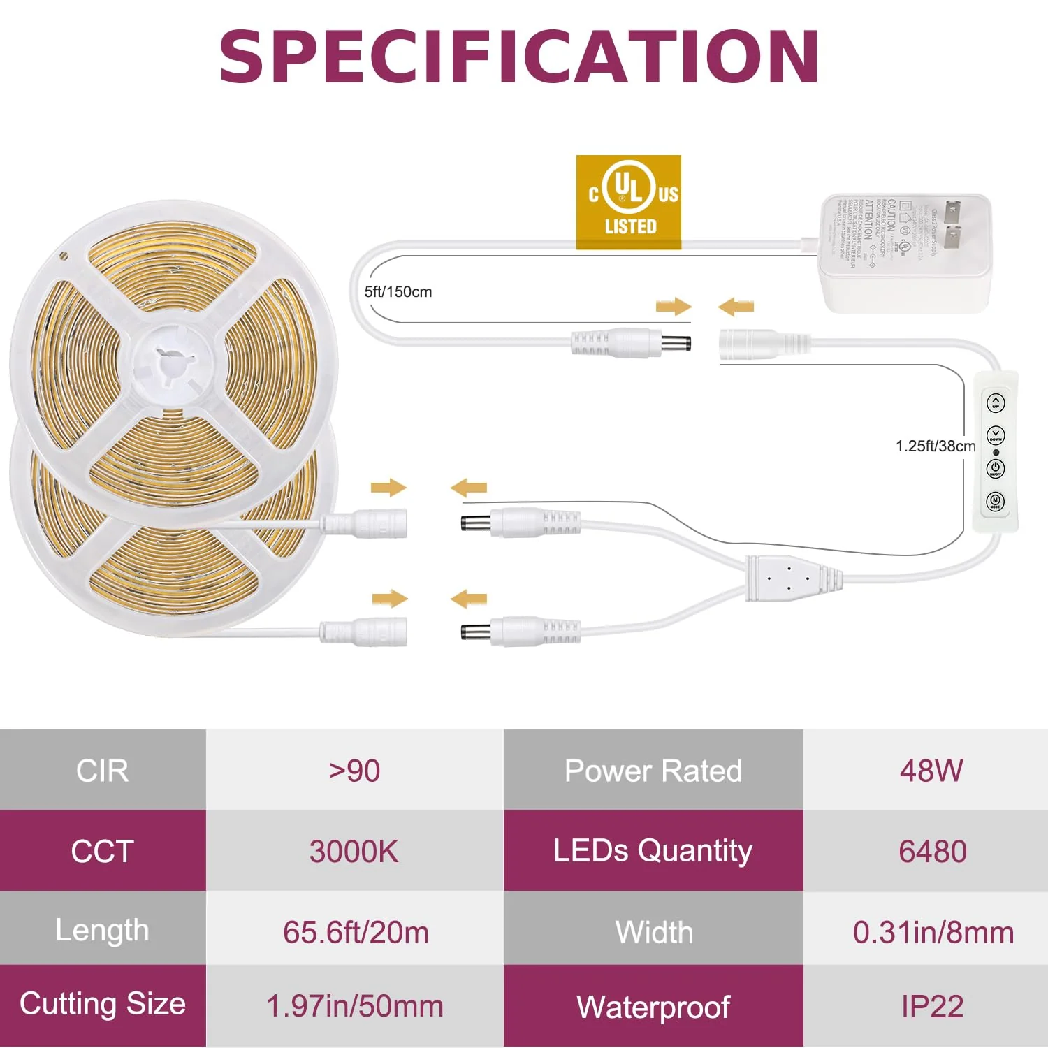 COB LED Strip Light Warm White, 66ft Dimmable 3000K Super Bright White Led Lights with Remote and UL Power Supply, 24V Flexible LED Tape Light for Bedroom, Kitchen, DIY Lighting (2 Rolls of 33ft) - Image 6