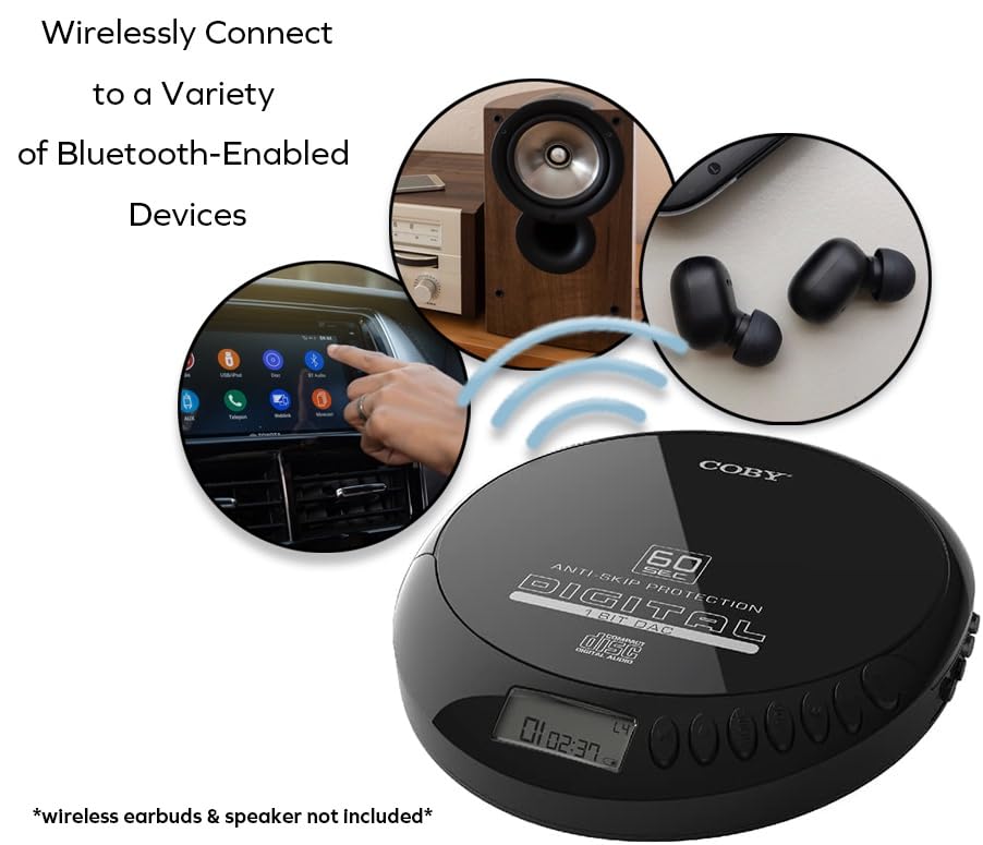 Coby CD Player Portable CD Player with Bluetooth, Earbuds, FM, AUX, MP3 Anti-Skip Compact Discman | Rechargeable, Lightweight CD Player for Car, Home - Image 2