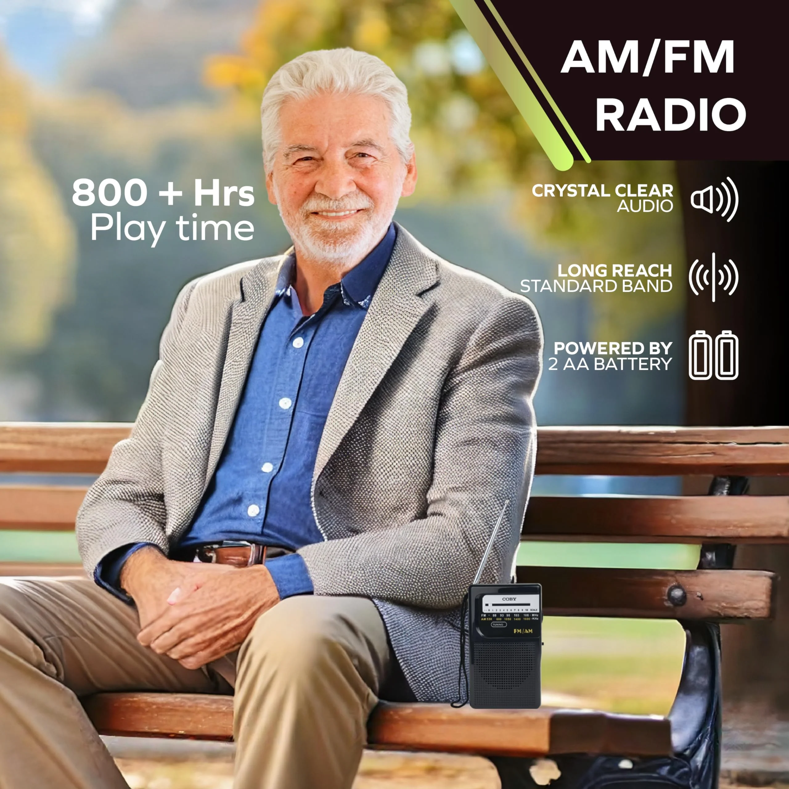 Coby Portable AM/FM Radio – Retro Battery Operated Pocket Radio with Powerful Speakers, Long 800-Hour Battery, Clear Reception, Emergency & Travel Transistor Device for Home or Outdoors B-Black - Image 3