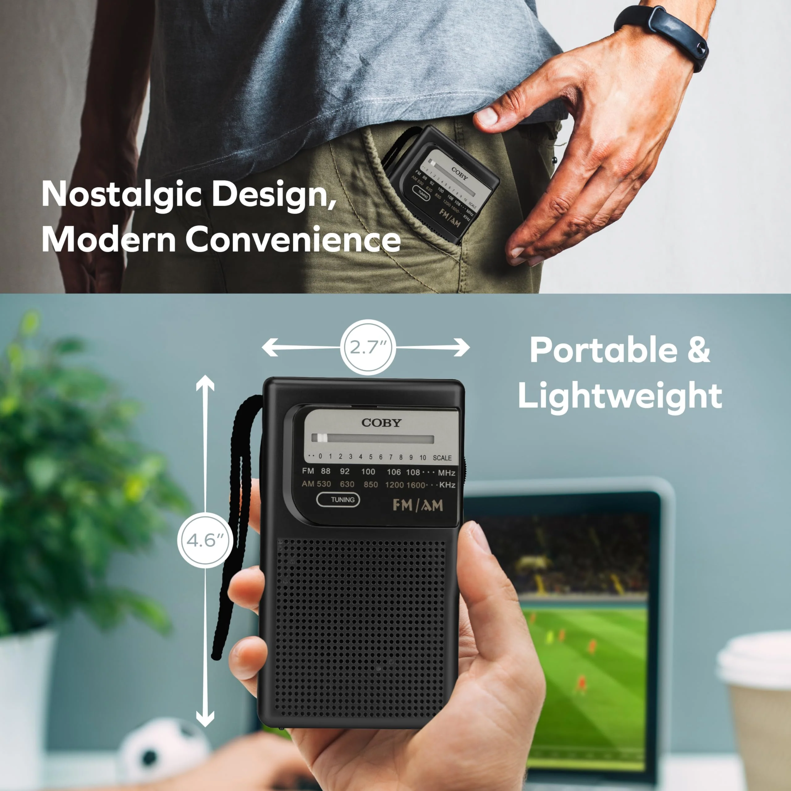 Coby Portable AM/FM Radio – Retro Battery Operated Pocket Radio with Powerful Speakers, Long 800-Hour Battery, Clear Reception, Emergency & Travel Transistor Device for Home or Outdoors B-Black - Image 5
