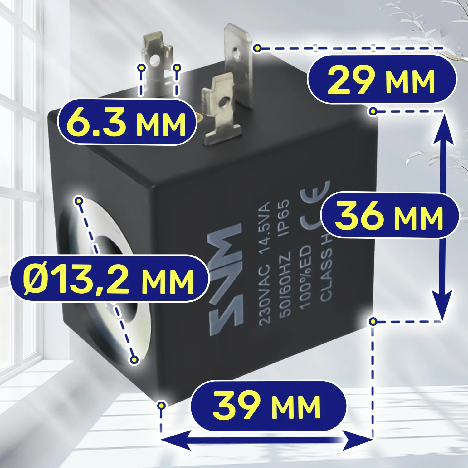 Coil for Solenoid Valve 39 x 36 x 29 mm Diameter 13.2 mm Class H IP65-230V 8W 50/60Hz 14.5VA MONTERAL - Image 2