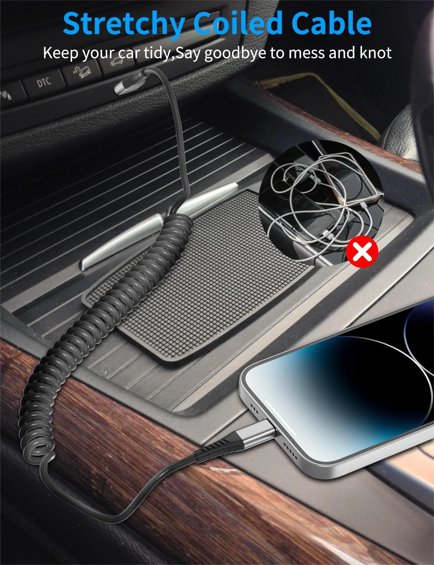 Coiled Lightning Cable for Car, 2Pack Retractable iPhone Charger Cable Fast Charging, [MFi Certified] Short Apple CarPlay USB to Lightning Cord for iPhone 14 13 12 11 Pro Max Mini XR XS 8 SE iPad 3FT Coiled - Image 3