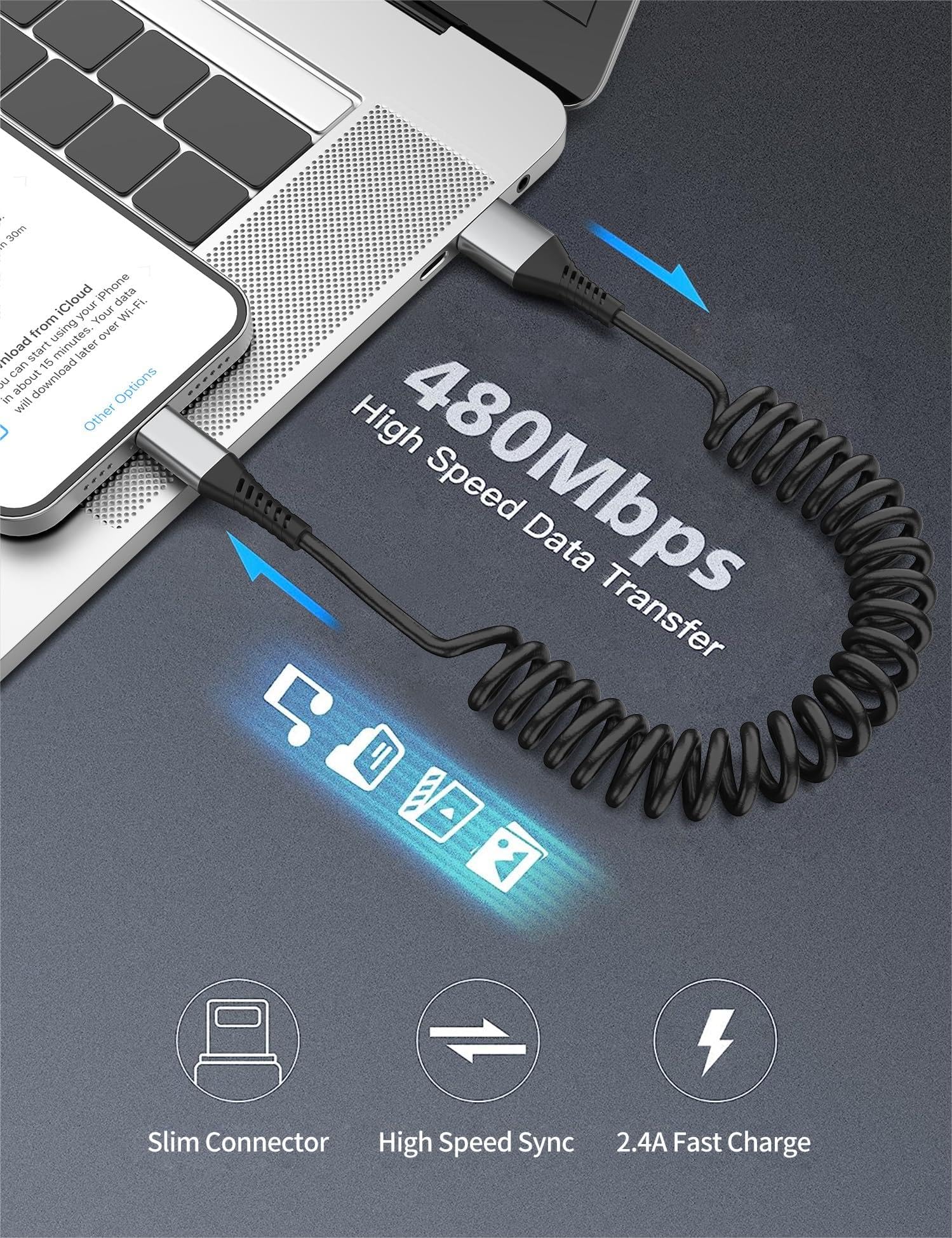 Coiled Lightning Cable for Car, 2Pack Retractable iPhone Charger Cable Fast Charging, [MFi Certified] Short Apple CarPlay USB to Lightning Cord for iPhone 14 13 12 11 Pro Max Mini XR XS 8 SE iPad 3FT Coiled - Image 6