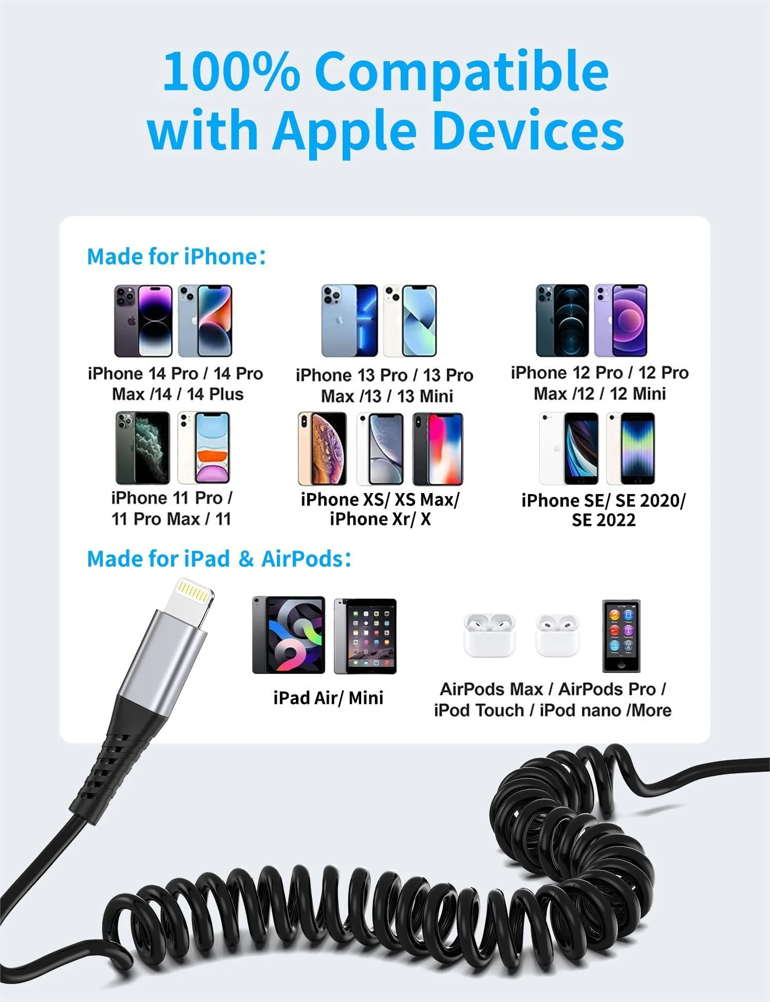 Coiled Lightning Cable for Car, 2Pack Retractable iPhone Charger Cable Fast Charging, [MFi Certified] Short Apple CarPlay USB to Lightning Cord for iPhone 14 13 12 11 Pro Max Mini XR XS 8 SE iPad 3FT Coiled - Image 7