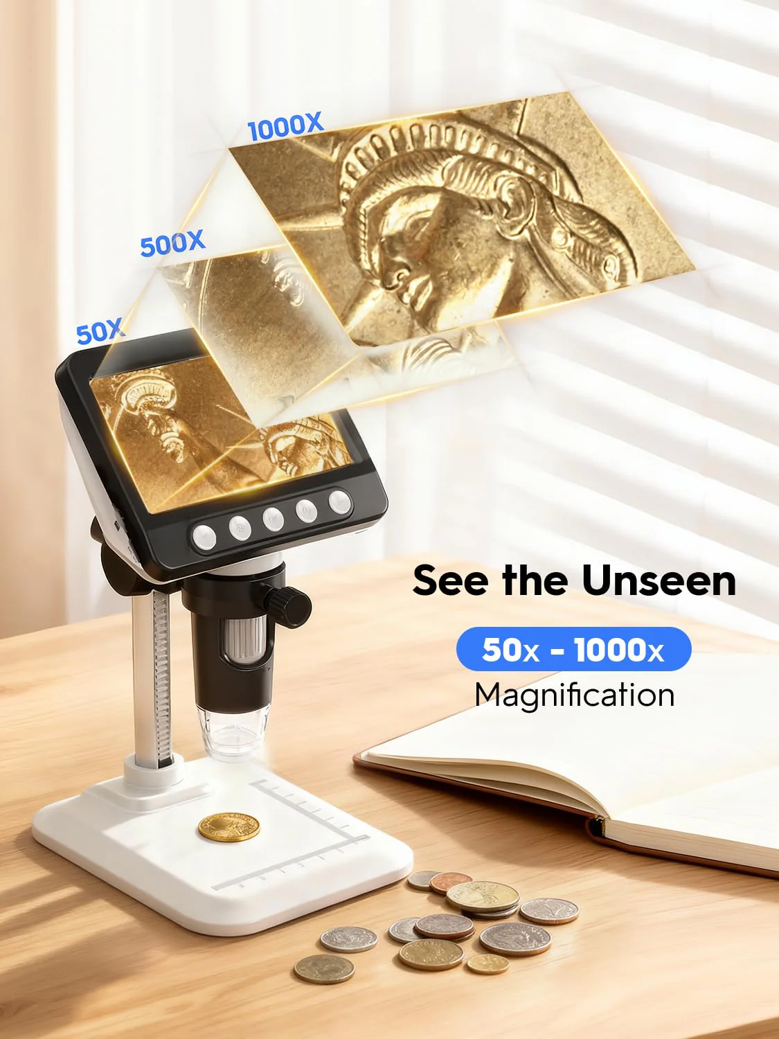Coin Microscope for Error Coins, 4.3 inches 1080P LCD Digital Microscope, 50x-1000x Magnifier with 8 Adjustable LED Lights, PC View, Compatible with MacOS Windows for Adults Kids White - Image 2