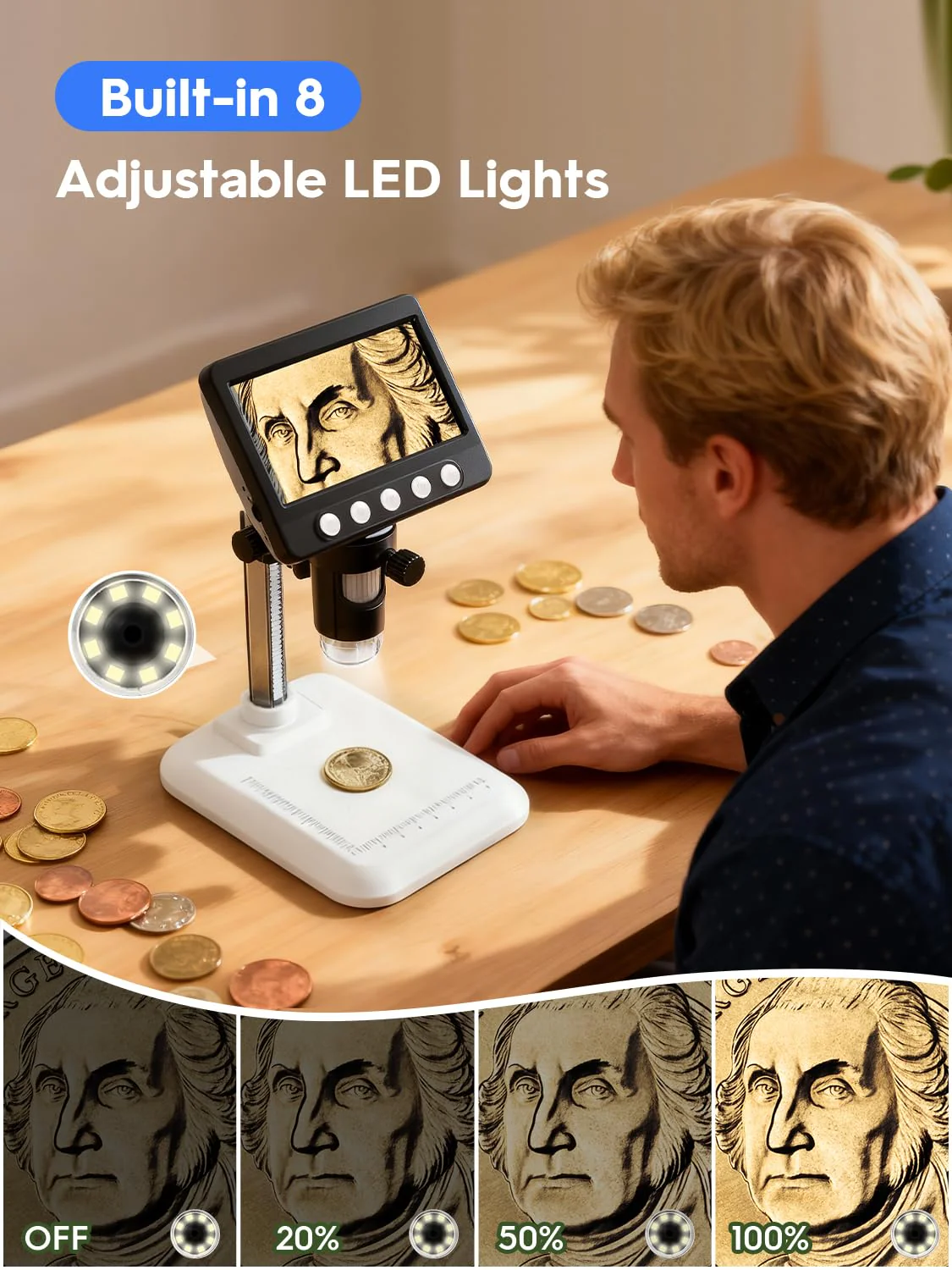 Coin Microscope for Error Coins, 4.3 inches 1080P LCD Digital Microscope, 50x-1000x Magnifier with 8 Adjustable LED Lights, PC View, Compatible with MacOS Windows for Adults Kids White - Image 5