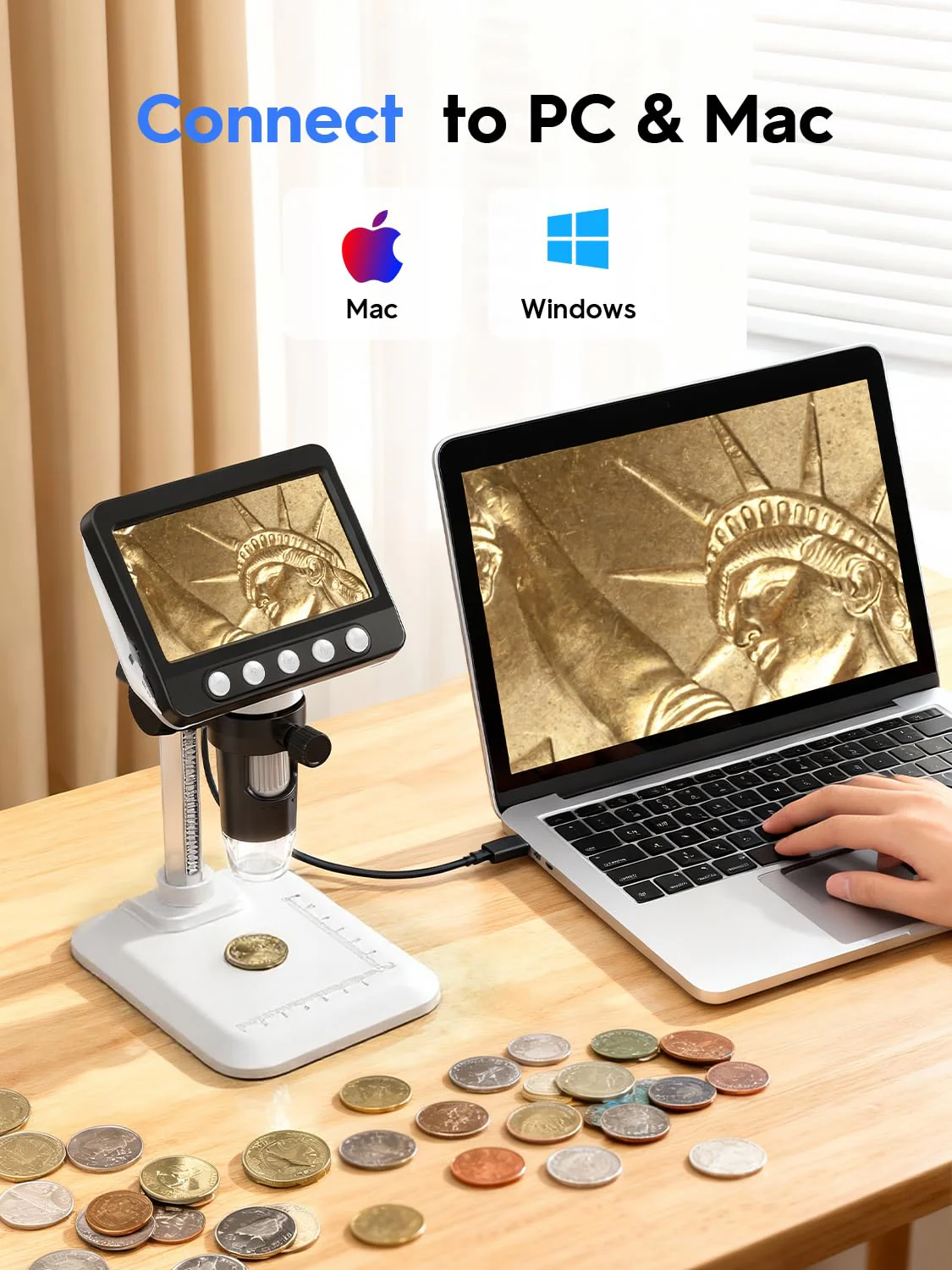 Coin Microscope for Error Coins, 4.3 inches 1080P LCD Digital Microscope, 50x-1000x Magnifier with 8 Adjustable LED Lights, PC View, Compatible with MacOS Windows for Adults Kids White - Image 8