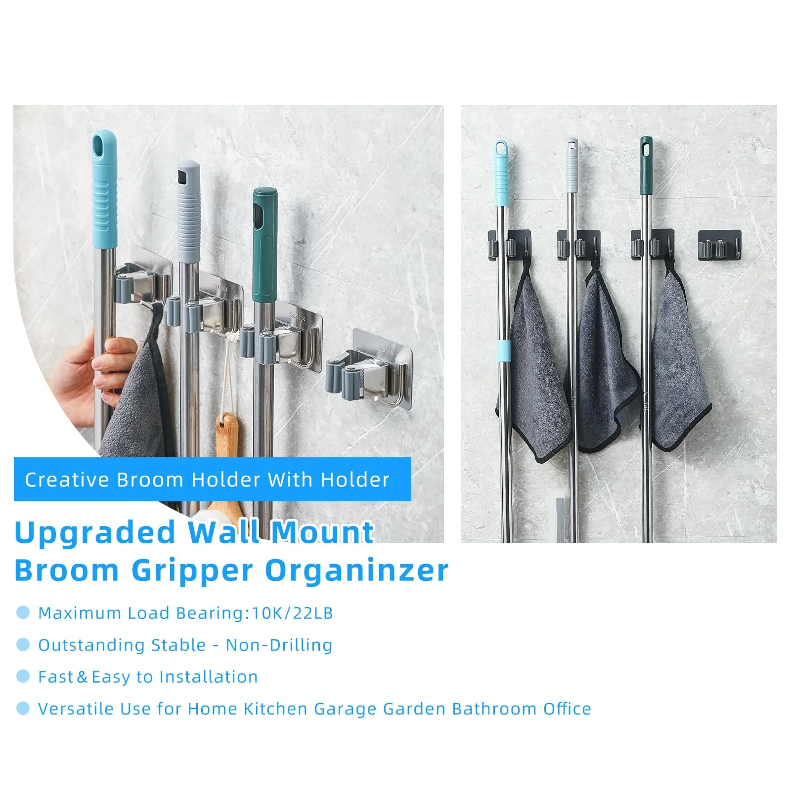 Cokshy Broom Holder Wall, Pack of 4 Stainless Steel Broom Holders with Hooks, Self-Adhesive, Mop Holder, No Drilling, Device Holder for Kitchen, Mop, Bathroom, Garden, Shovel, Tools (Black) Black - Image 5