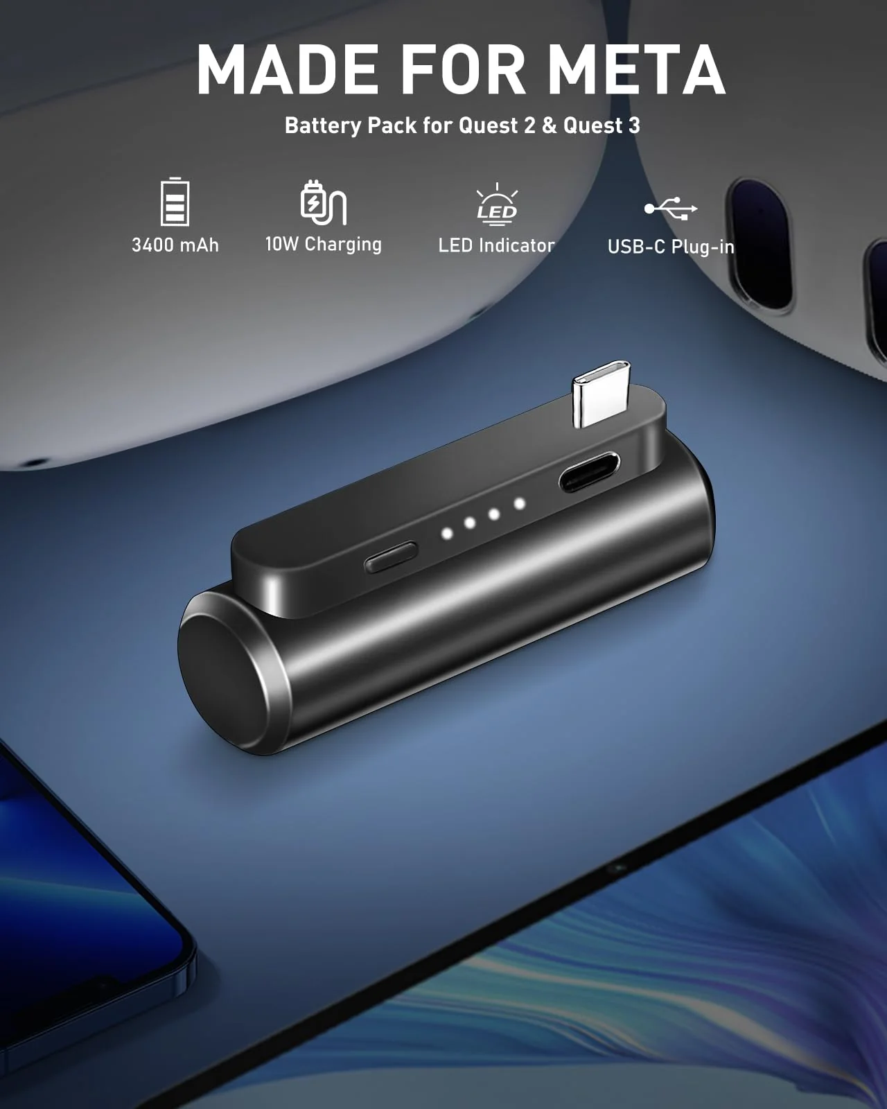 Colelulu Battery Pack for Meta Quest 3 & Oculus Quest 2, 3400mAh Portable Charger Accessories fit VR Quest 3/2 Original Strap, Lightweight & Steady Charging Extend Extra 1-2H Playtime (Black) Black - Image 2
