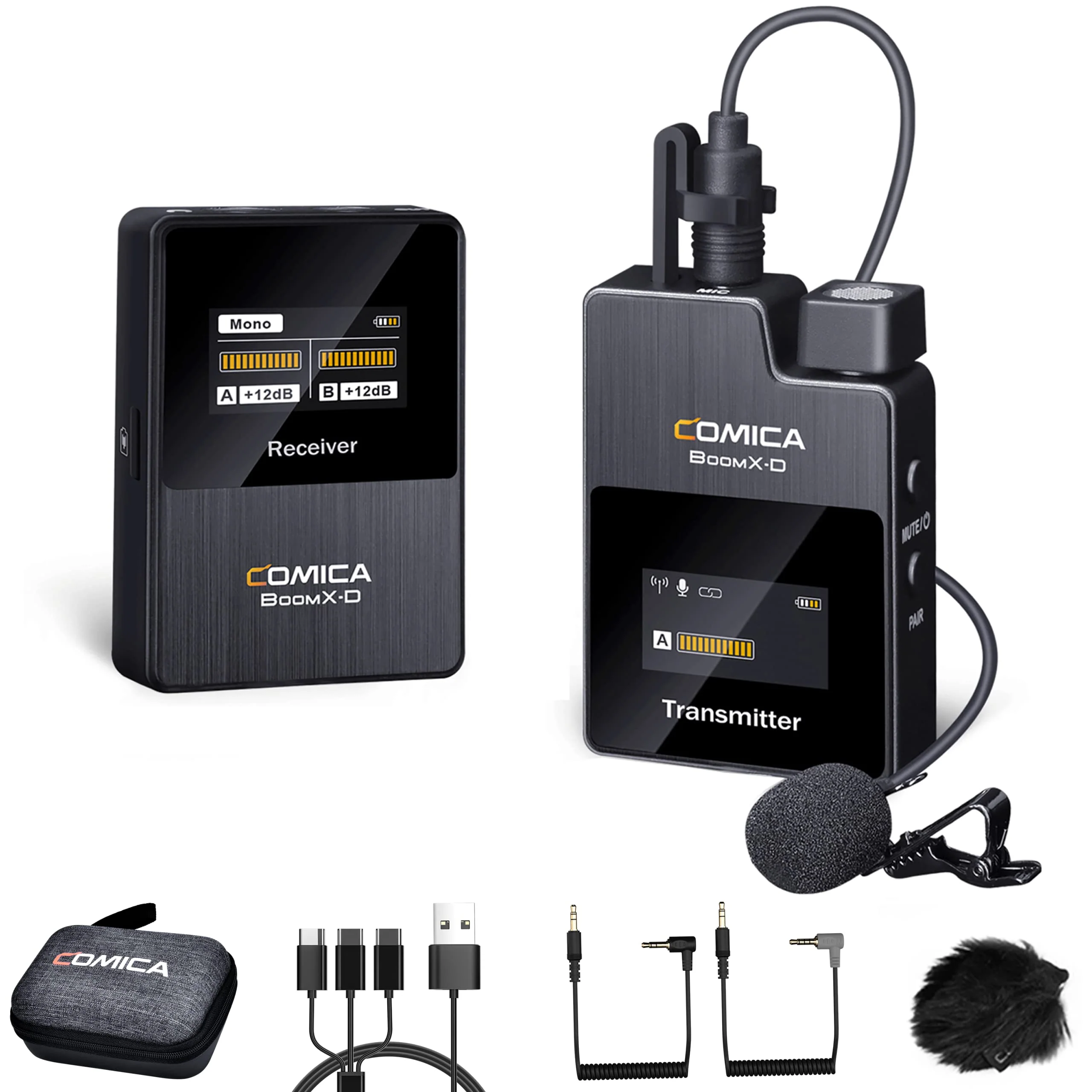 COMICA BoomX-D1 - Wireless Microphone System for Cameras, Camcorders, Smartphones, Laptops, Compact Wireless Lavalier Lapel Microphone with Noise Reduction, Low Latency, Monitoring, Muting Black