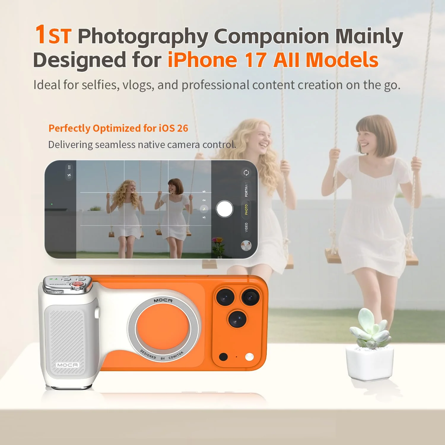 COMITOK MOCA - iPhone Camera Grip - for Native Camera Control with Removable Remote & Built-in Keychain, Magnetic Phone Camera Grip No Need App Support iOS26/17/18, Fun Shot Magnetic Grip with 1/4 Nut White - Image 2