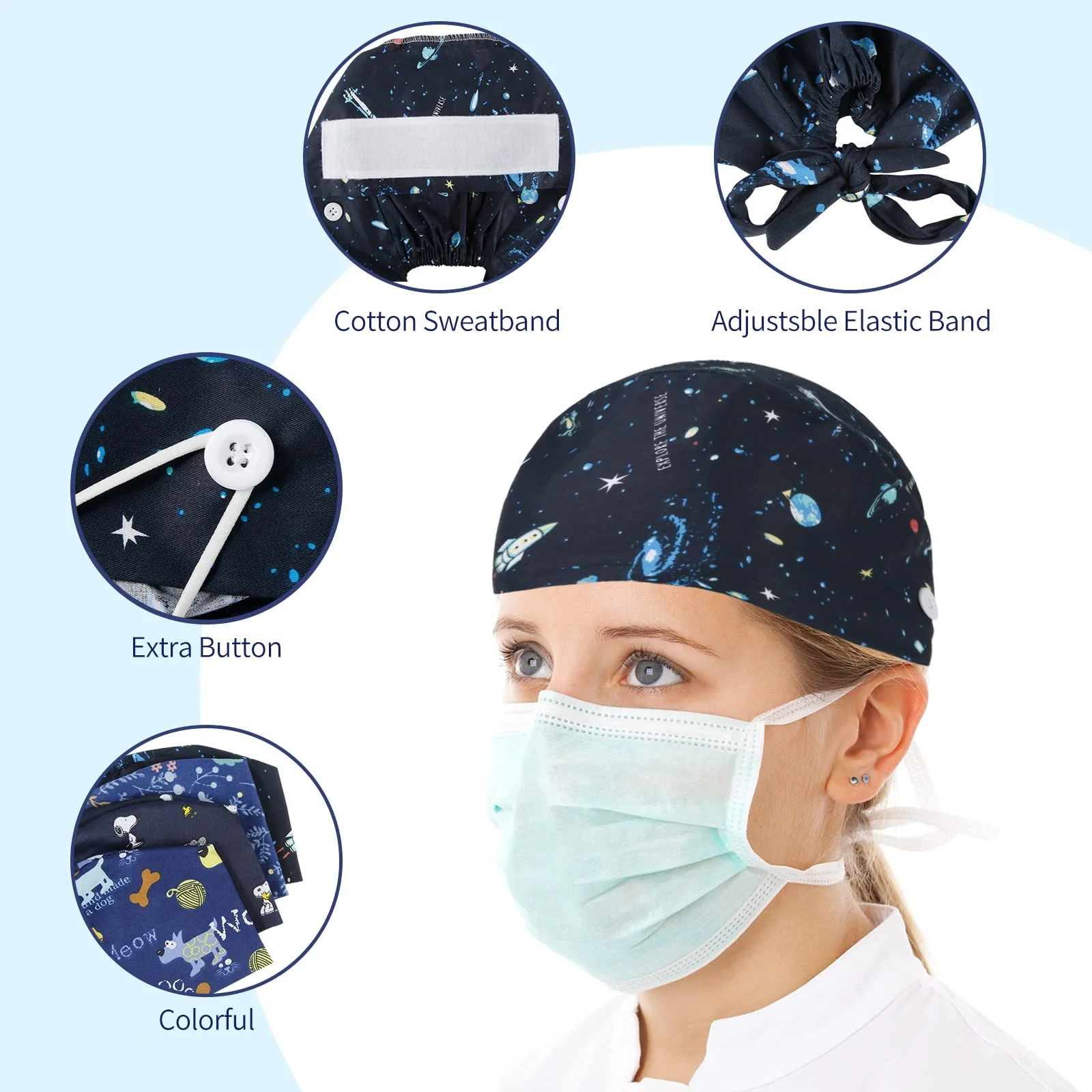 Comius Sharp 6 Pieces Adjustable Work Caps, Surgical Cap Fabric, Cotton Nurse Cap with Buttons, Scrubbing Cap with Sweatband for Women and Men, Personal Care Needs - Image 4