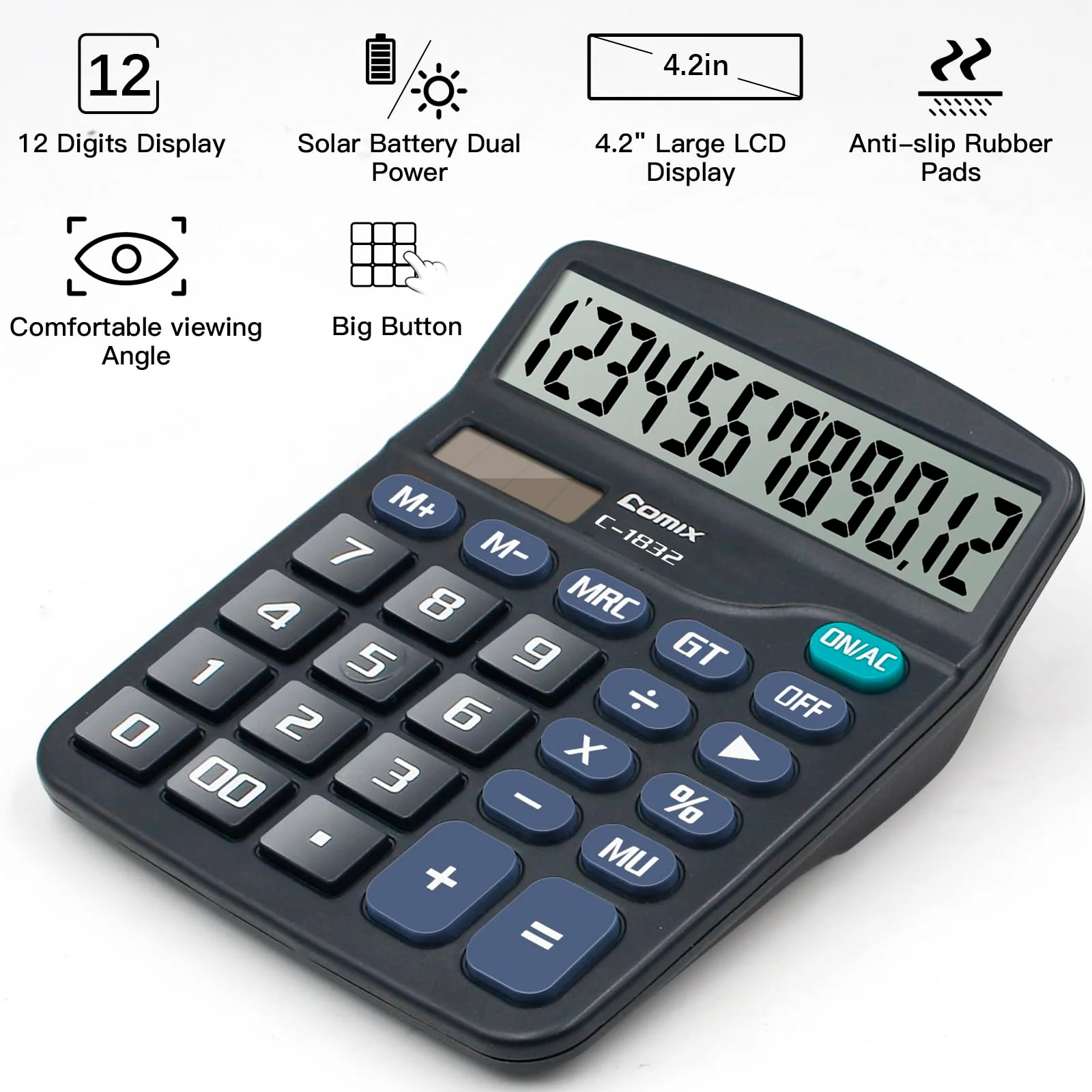 Comix Desktop Calculator 12 Digit with Large LCD Display and Big Button, 12 Digits Baisc Calculator, Solar Battery Dual Powered, for Office Home School C-1832 (Black) Black - Image 2