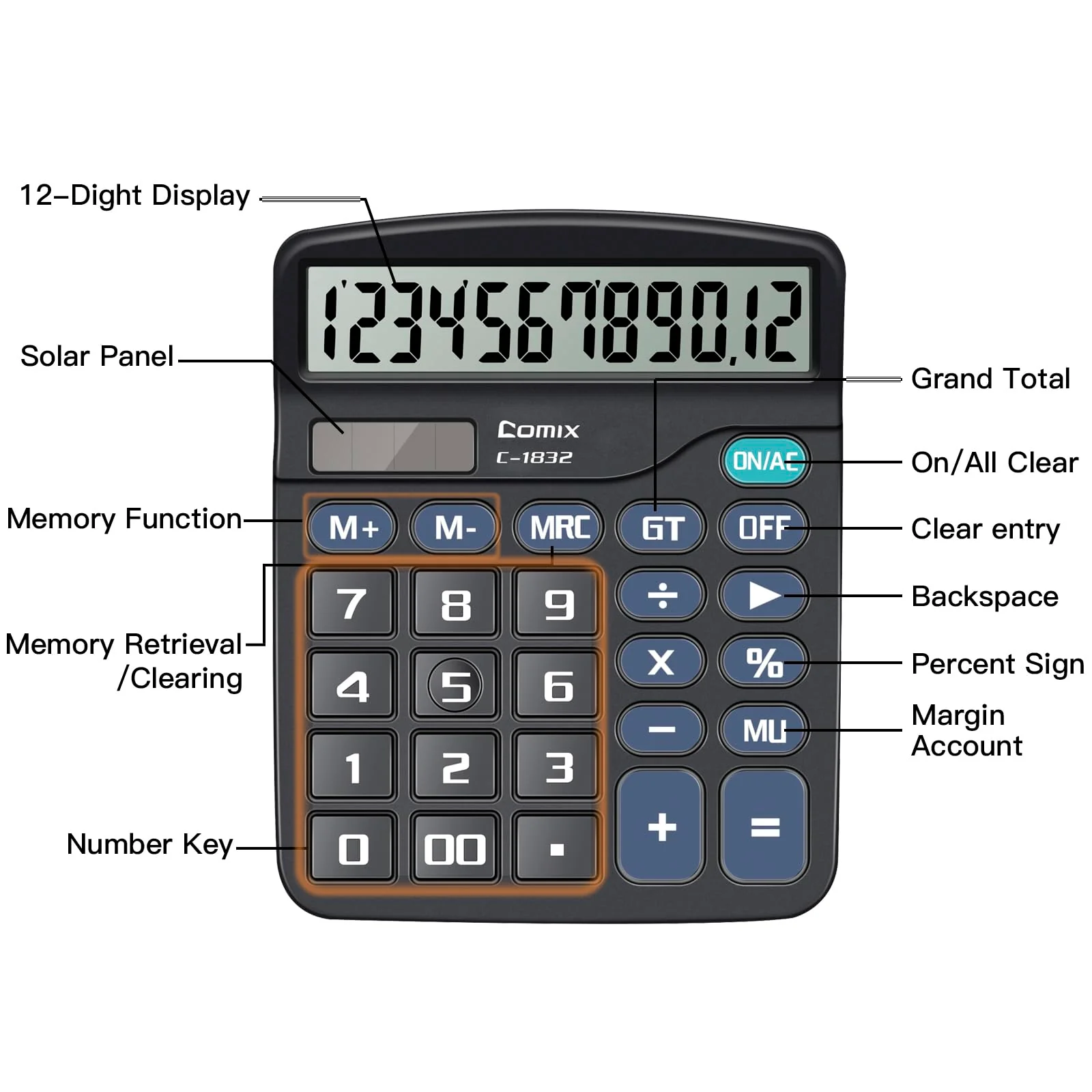 Comix Desktop Calculator 12 Digit with Large LCD Display and Big Button, 12 Digits Baisc Calculator, Solar Battery Dual Powered, for Office Home School C-1832 (Black) Black - Image 4