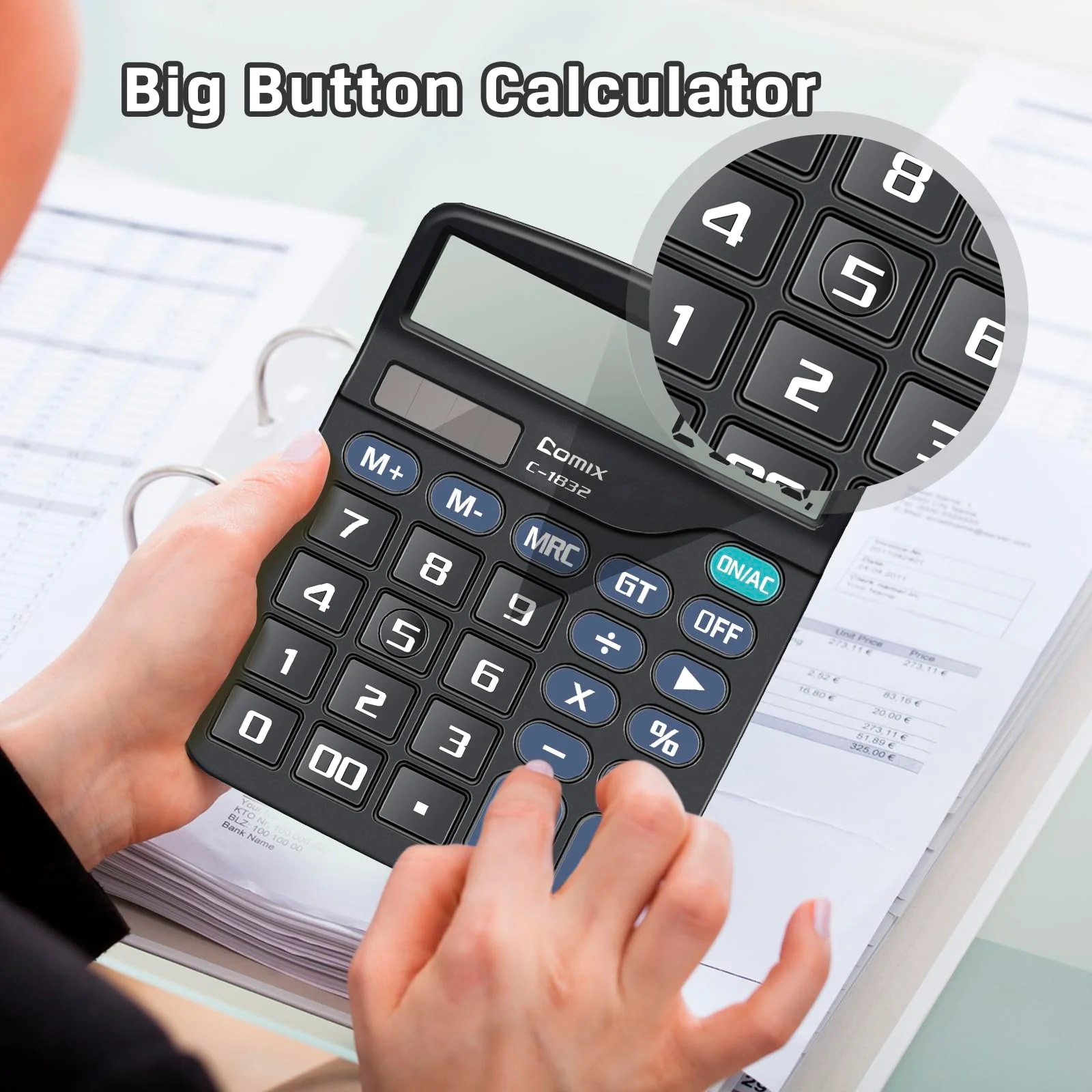 Comix Desktop Calculator 12 Digit with Large LCD Display and Big Button, 12 Digits Baisc Calculator, Solar Battery Dual Powered, for Office Home School C-1832 (Black) Black - Image 6
