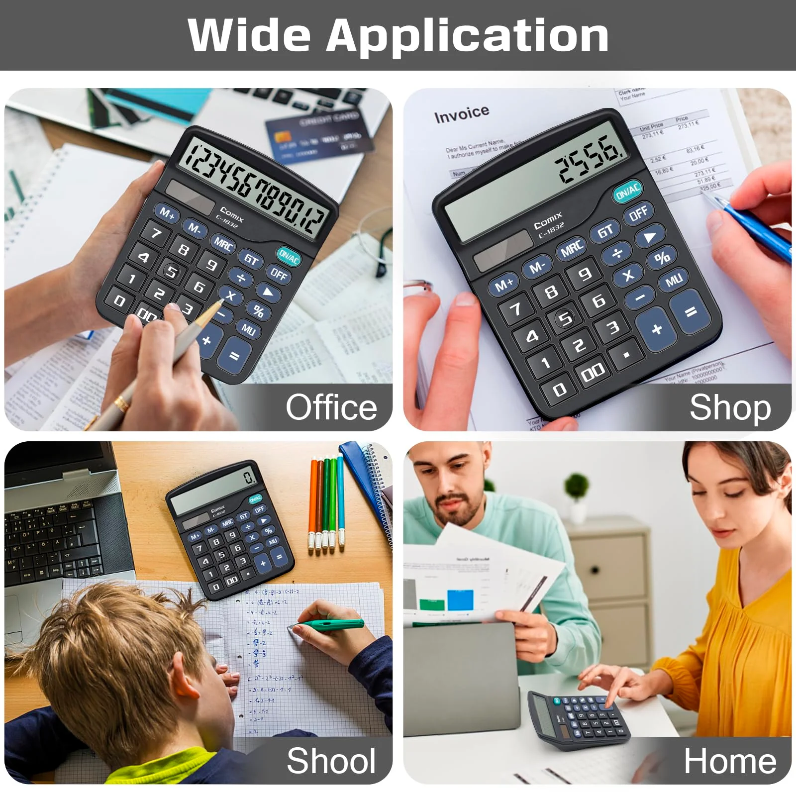 Comix Desktop Calculator 12 Digit with Large LCD Display and Big Button, 12 Digits Baisc Calculator, Solar Battery Dual Powered, for Office Home School C-1832 (Black) Black - Image 7