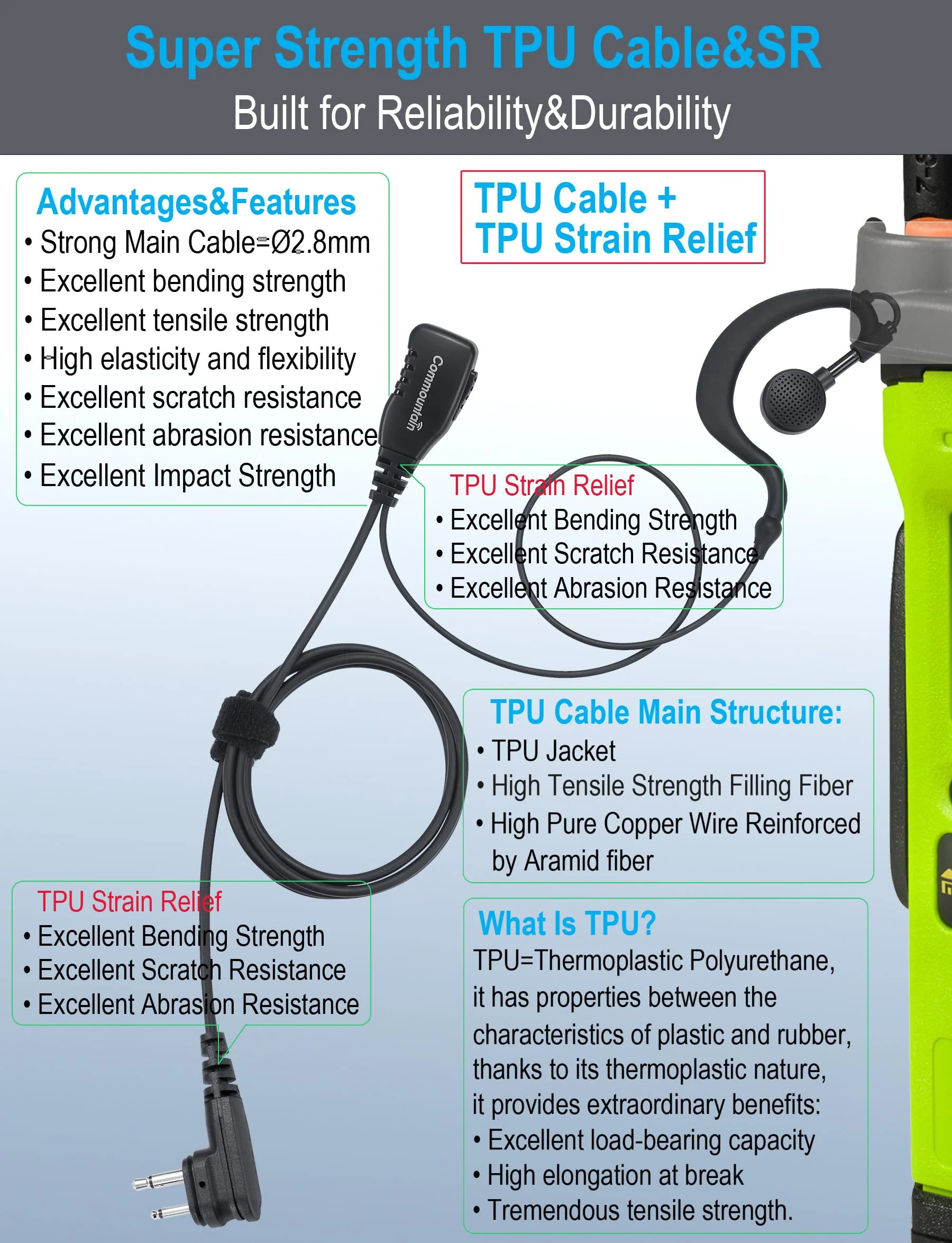 commountain CLS1410 CLS1110 Earpiece with PTT/Mic for Motorola Walkie Talkies Radios DTR550 DTR700 RDU4100 RDU4160D RMU2040 RMU2080D RMU2080 DLR1020, CLS 1410 CLS 1110, G Shape Headset, 2 Pin - Image 5