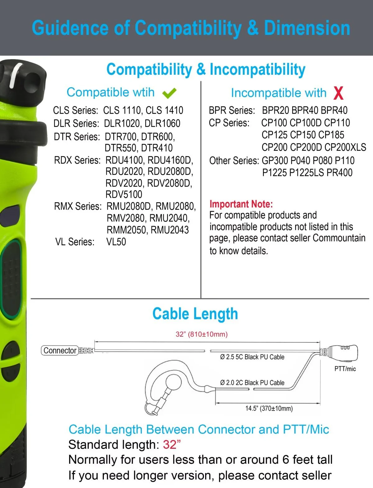 commountain CLS1410 CLS1110 Earpiece with PTT/Mic for Motorola Walkie Talkies Radios DTR550 DTR700 RDU4100 RDU4160D RMU2040 RMU2080D RMU2080 DLR1020, CLS 1410 CLS 1110, G Shape Headset, 2 Pin - Image 7