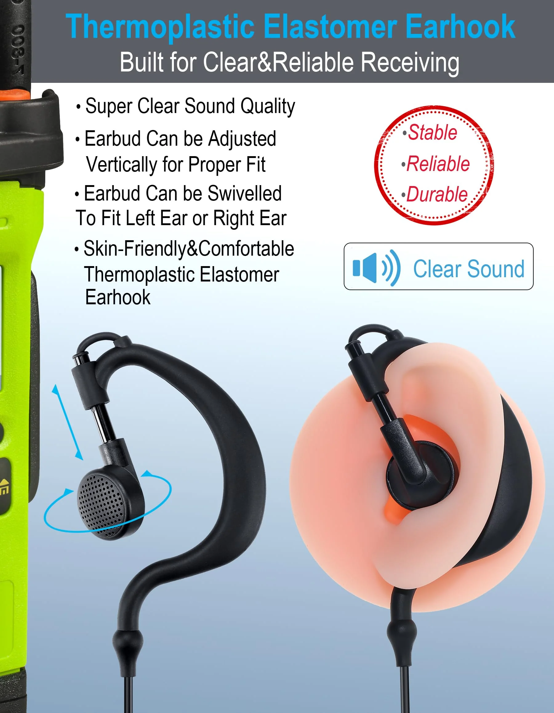 commountain CP200D CLS1410 Earpiece with PTT/Mic for Motorola Walkie Talkies Radios R2 CLS1110 CP100D CP200 CP185 BPR40 BPR40D DTR700 RDU4100 RDU4160D RMU2040 RMU2080D CLS CP, G Earhook Headset-5 Pack - Image 2