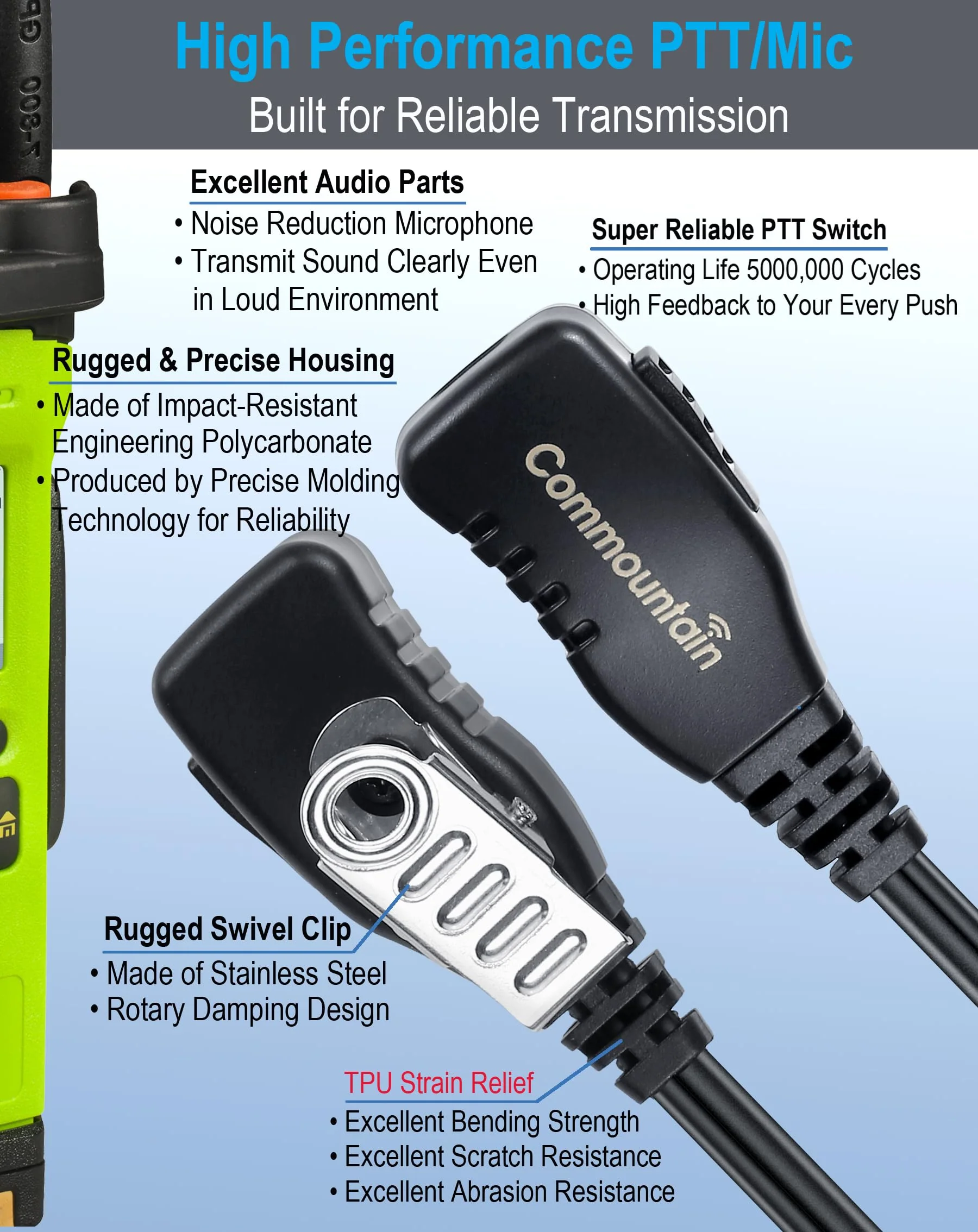 commountain CP200D CLS1410 Earpiece with PTT/Mic for Motorola Walkie Talkies Radios R2 CLS1110 CP100D CP200 CP185 BPR40 BPR40D DTR700 RDU4100 RDU4160D RMU2040 RMU2080D CLS CP, G Earhook Headset-5 Pack - Image 3