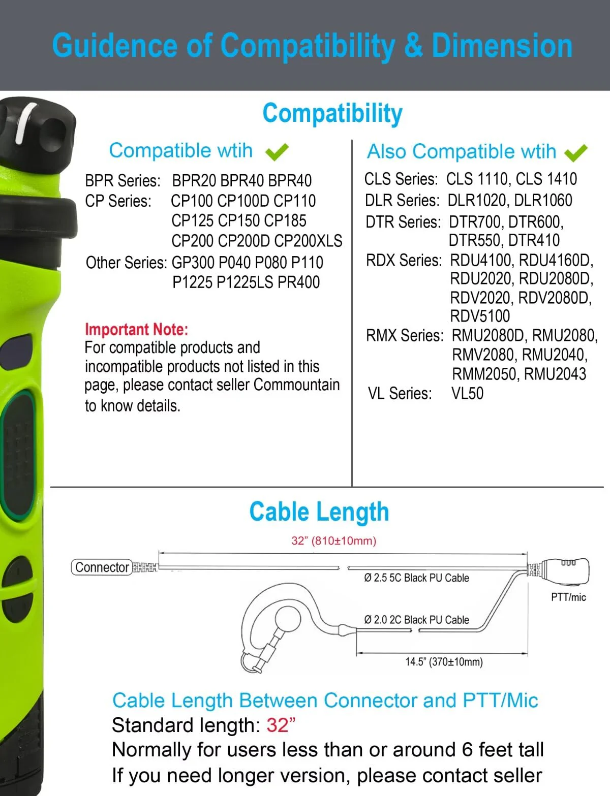 commountain CP200D CLS1410 Earpiece with PTT/Mic for Motorola Walkie Talkies Radios R2 CLS1110 CP100D CP200 CP185 BPR40 BPR40D DTR700 RDU4100 RDU4160D RMU2040 RMU2080D CLS CP, G Earhook Headset-5 Pack - Image 7