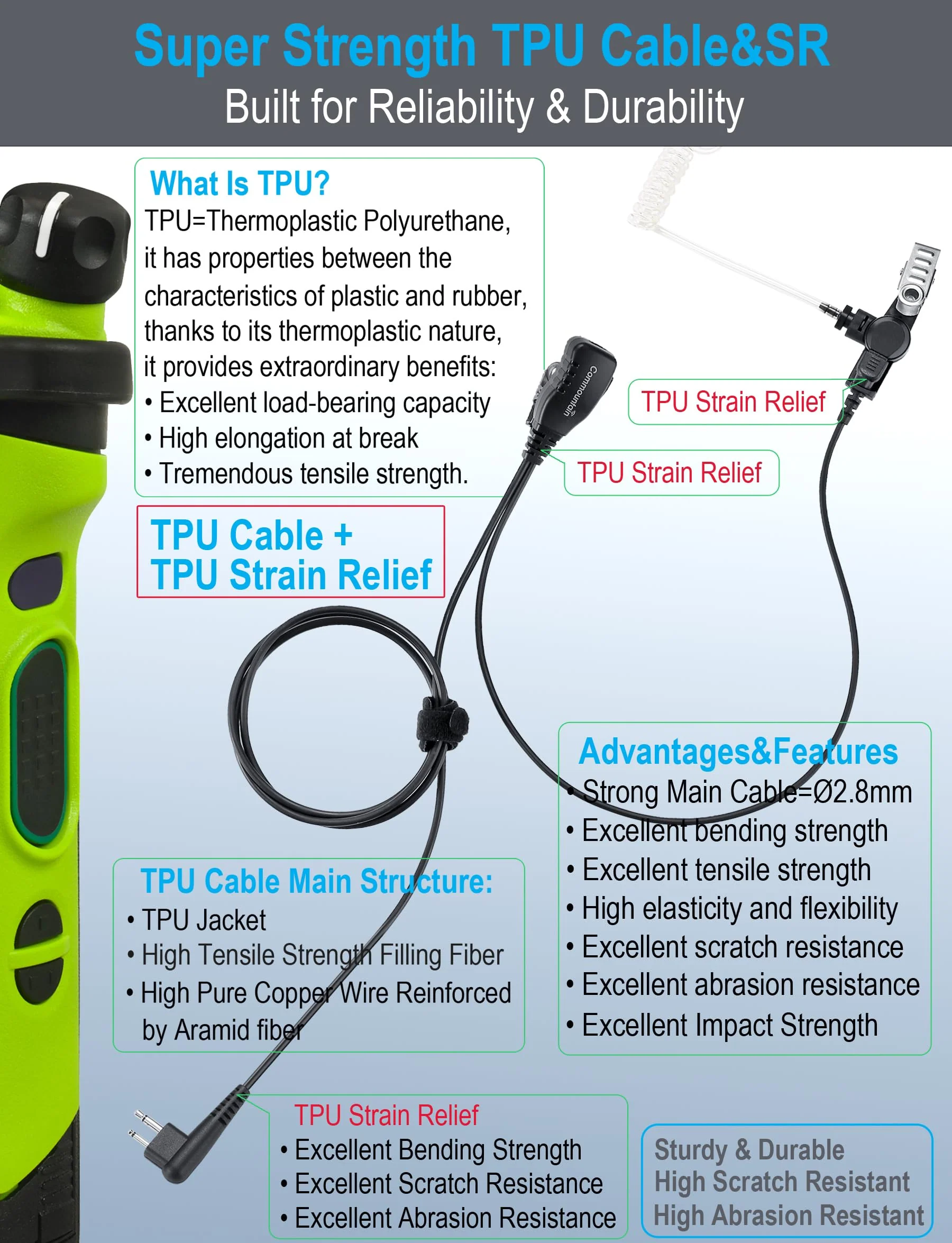 commountain earpiece for Motorola Walkie Talkie and Radio with PTT/Mic, Compatible for CP200D CP100D R2 CP200 CP185 BPR40 CLS1410 CLS1110 RMU2040 RMU2080D, Acoustic Tube Surveillance Headset, 2 Pin For users less than 6 feet tall - Image 5