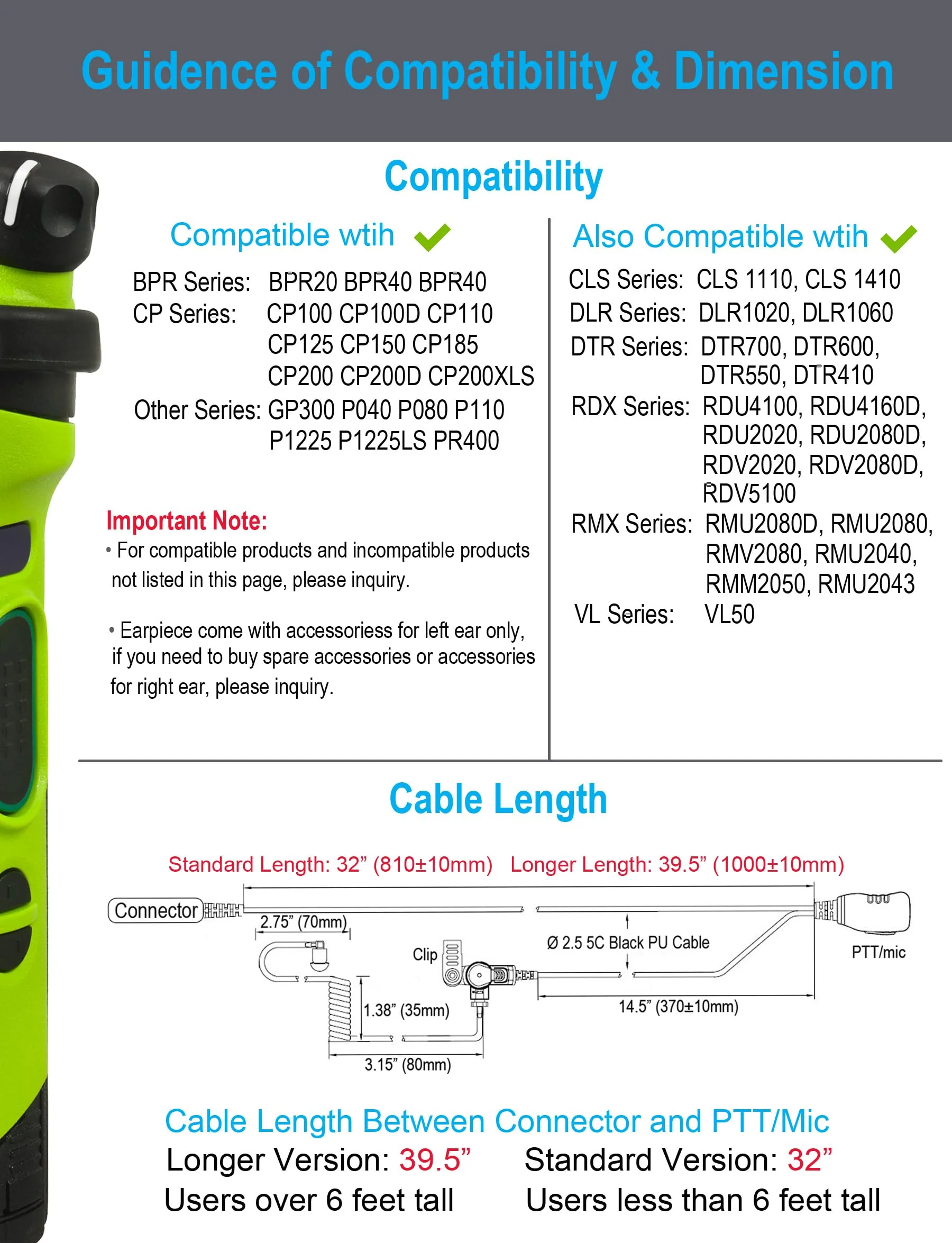 commountain earpiece for Motorola Walkie Talkie and Radio with PTT/Mic, Compatible for CP200D CP100D R2 CP200 CP185 BPR40 CLS1410 CLS1110 RMU2040 RMU2080D, Acoustic Tube Surveillance Headset, 2 Pin For users less than 6 feet tall - Image 7