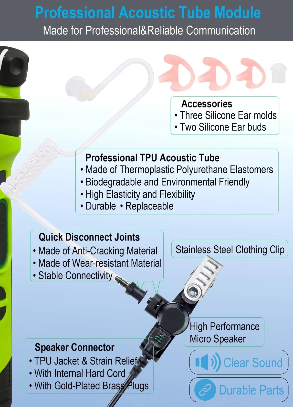 commountain Earpiece with PTT/Mic Compatible for Kenwood Baofeng SAMCOM BTECH Retevis Walkie Talkies Radios and BF-F8HP UV-82 UV-82HP UV-82C UV-5R UV-5X3 TK NX, Acoustic Tube Headset, 2 Pin Style - Image 2