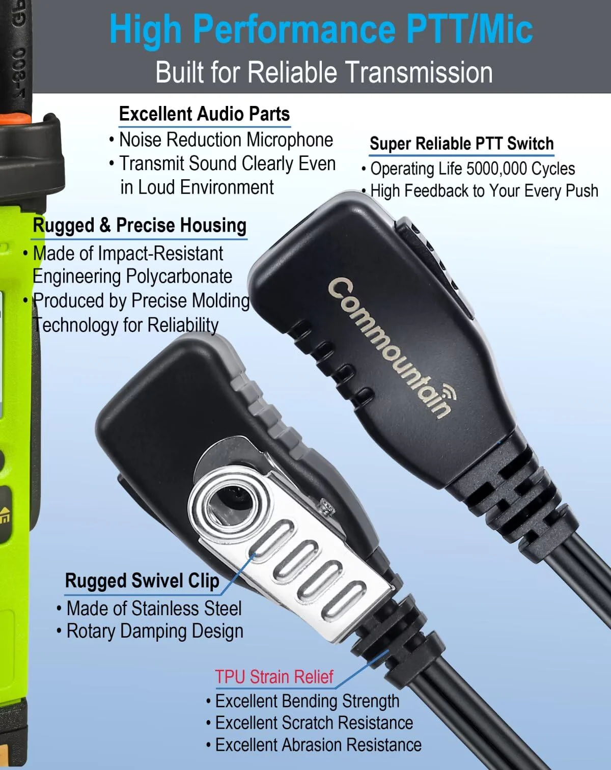 commountain Earpiece with PTT/Mic Compatible for Kenwood Baofeng SAMCOM BTECH Retevis Walkie Talkies Radios and BF-F8HP UV-82 UV-82HP UV-82C UV-5R UV-5X3 TK NX, Acoustic Tube Headset, 2 Pin Style - Image 3