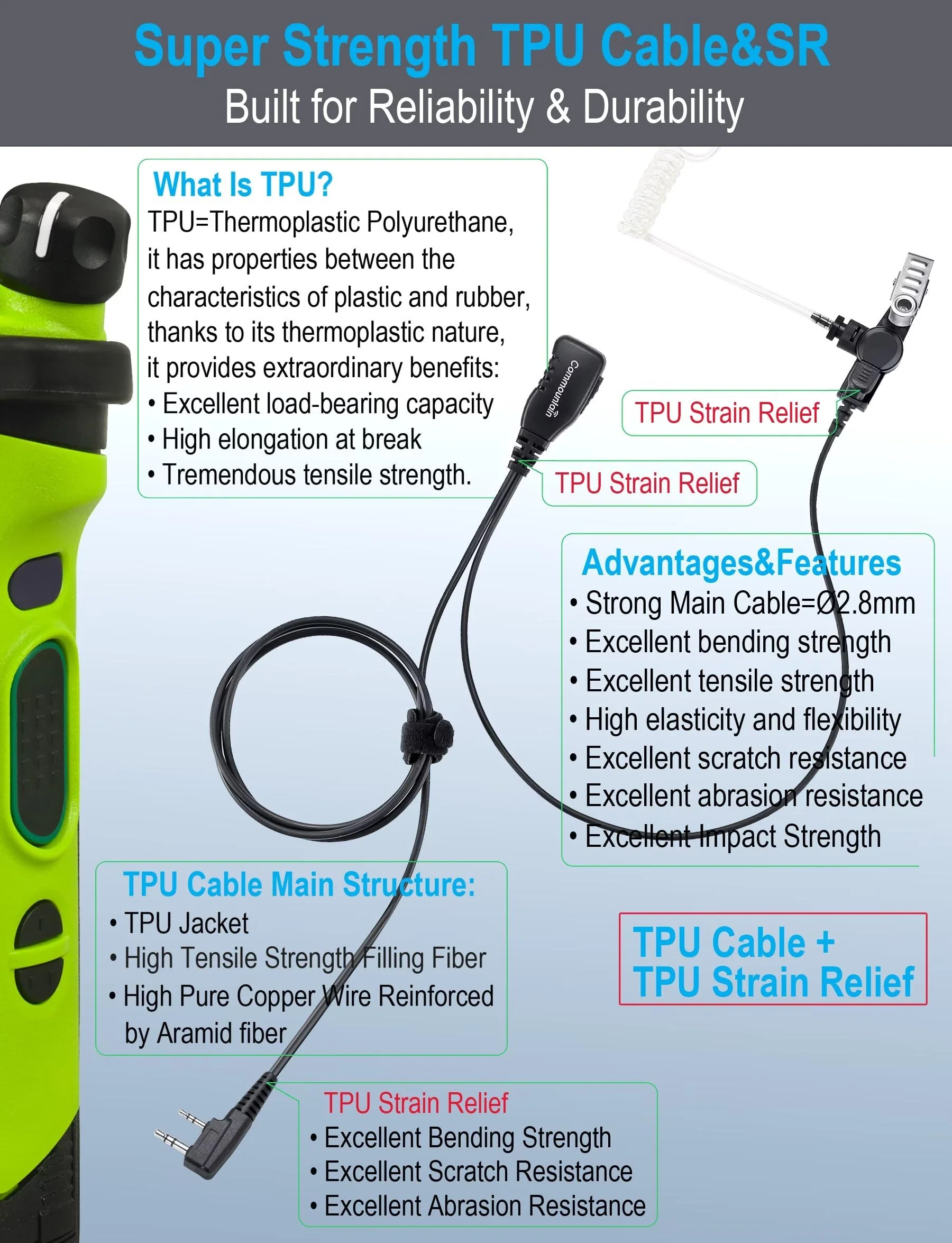 commountain Earpiece with PTT/Mic Compatible for Kenwood Baofeng SAMCOM BTECH Retevis Walkie Talkies Radios and BF-F8HP UV-82 UV-82HP UV-82C UV-5R UV-5X3 TK NX, Acoustic Tube Headset, 2 Pin Style - Image 4