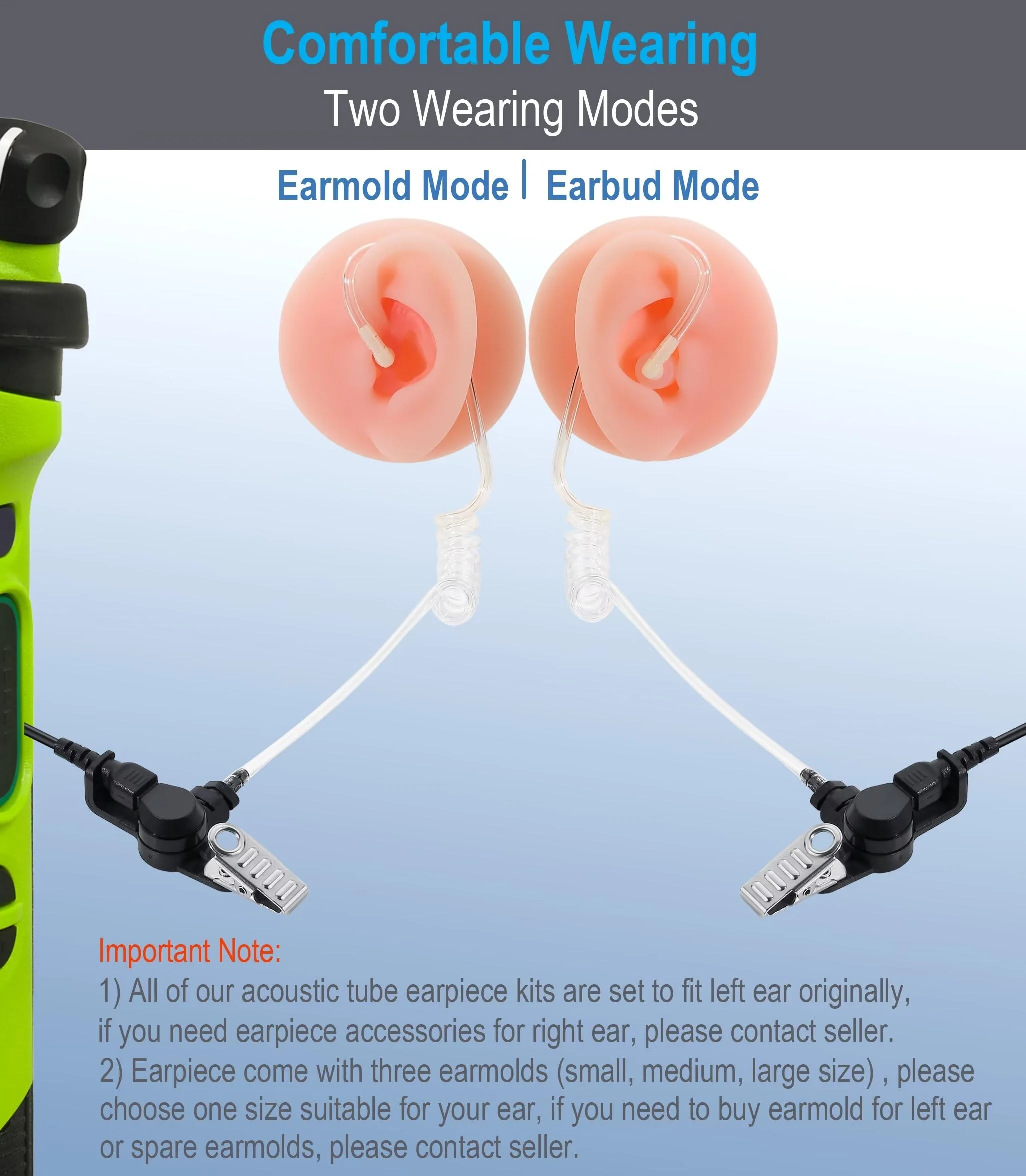 commountain Earpiece with PTT/Mic Compatible for Kenwood Baofeng SAMCOM BTECH Retevis Walkie Talkies Radios and BF-F8HP UV-82 UV-82HP UV-82C UV-5R UV-5X3 TK NX, Acoustic Tube Headset, 2 Pin Style - Image 7