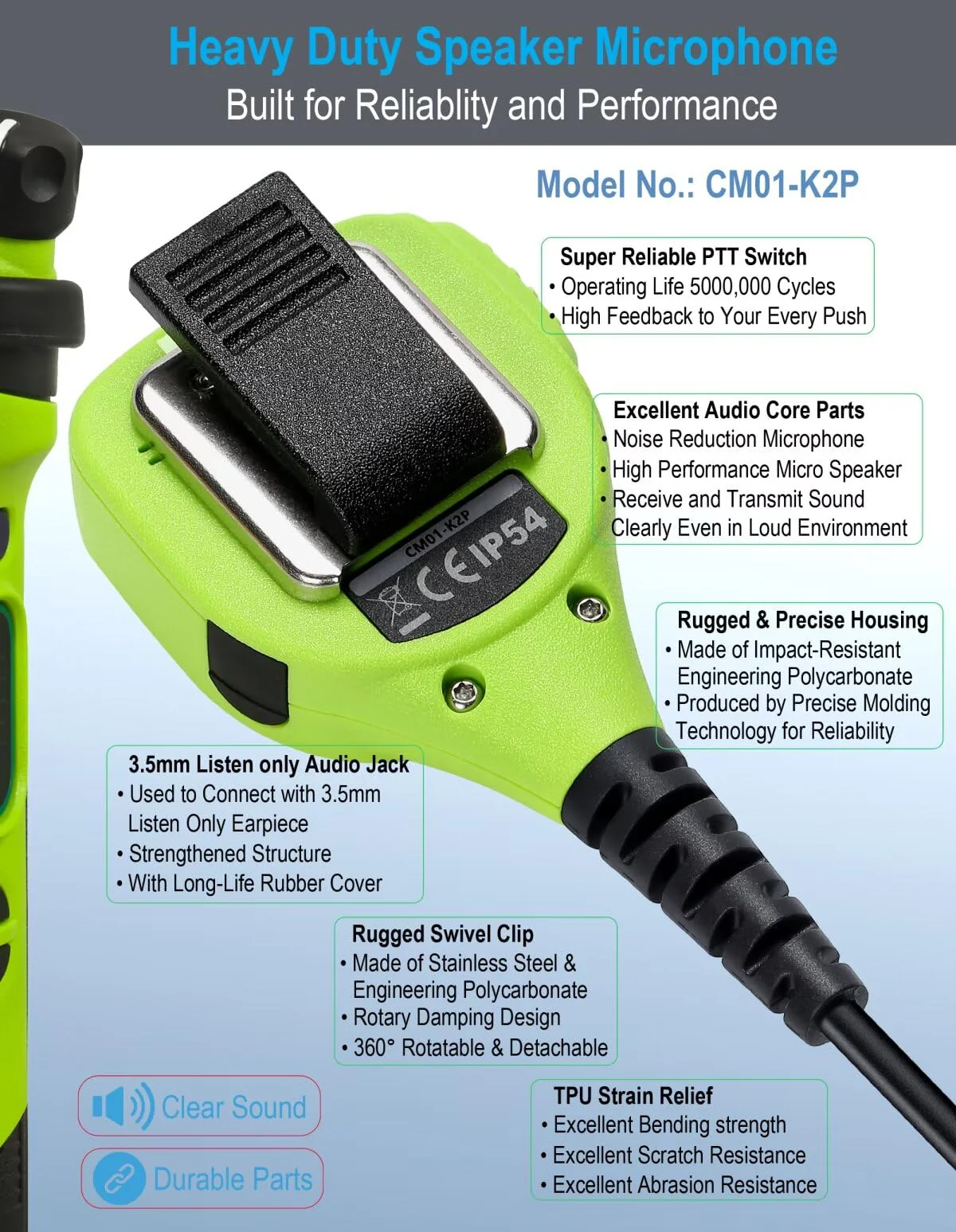 commountain Heavy Speaker Mic Compatible for Baofeng Radios BF-F8HP BF-F9 UV-82 UV-82HP UV-82C UV-5R UV-5R5 UV-5RA UV-5RE UV-5X3 and Kenwood BTECH Retevis Samcom Radios, Walkie Talkie Microphone Green - Image 2
