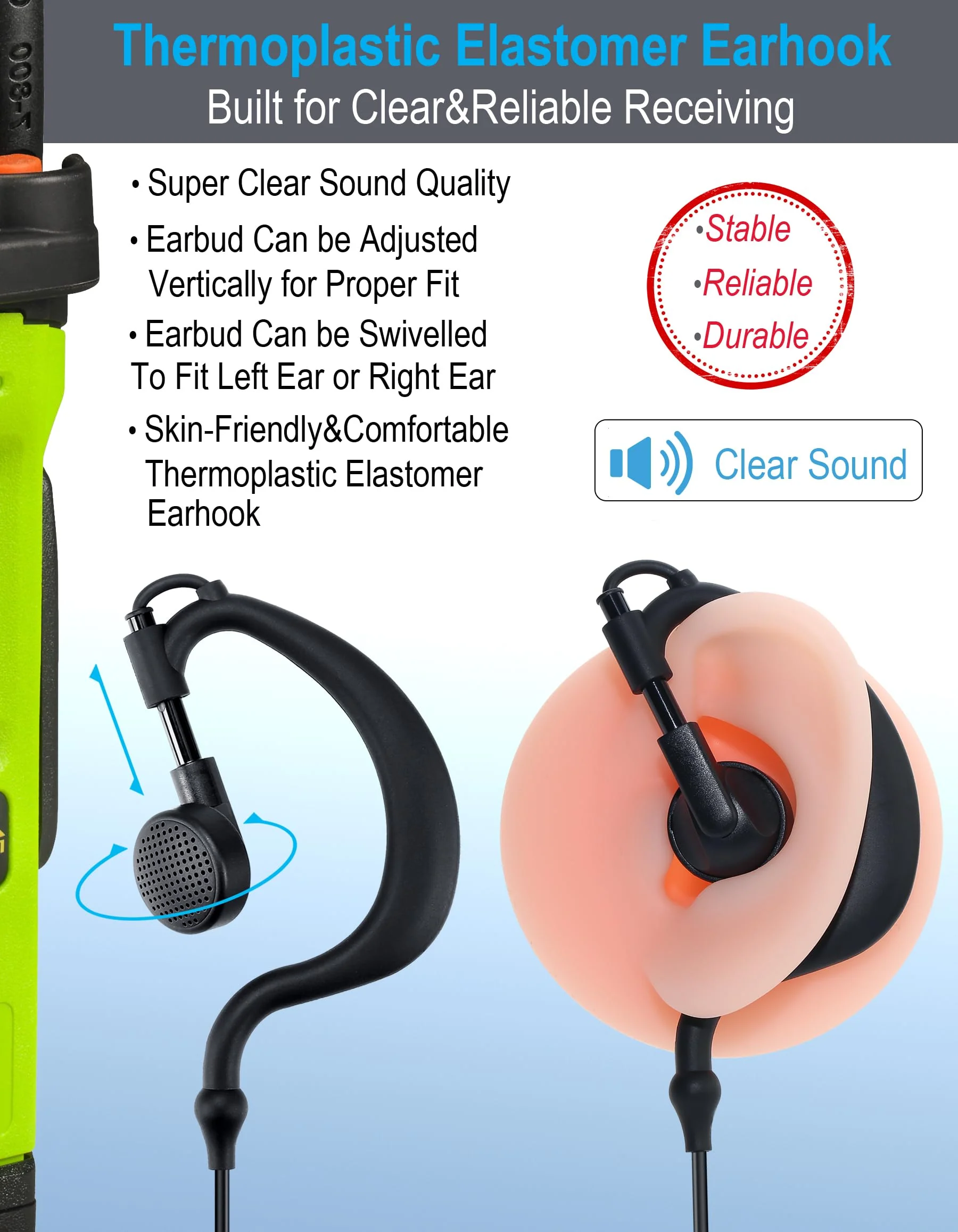 Commountain SL300 SL3500e Earpiece with Mic Compatible for Motorola Radios TLK 100 TLK 110 SL7550 SL7550e SL7580 SL7580e SL7590 SL7590e SLN 1000, TLK100 TLK110 SLN1000 SL Series, G Earhook Headset 1 - Image 2