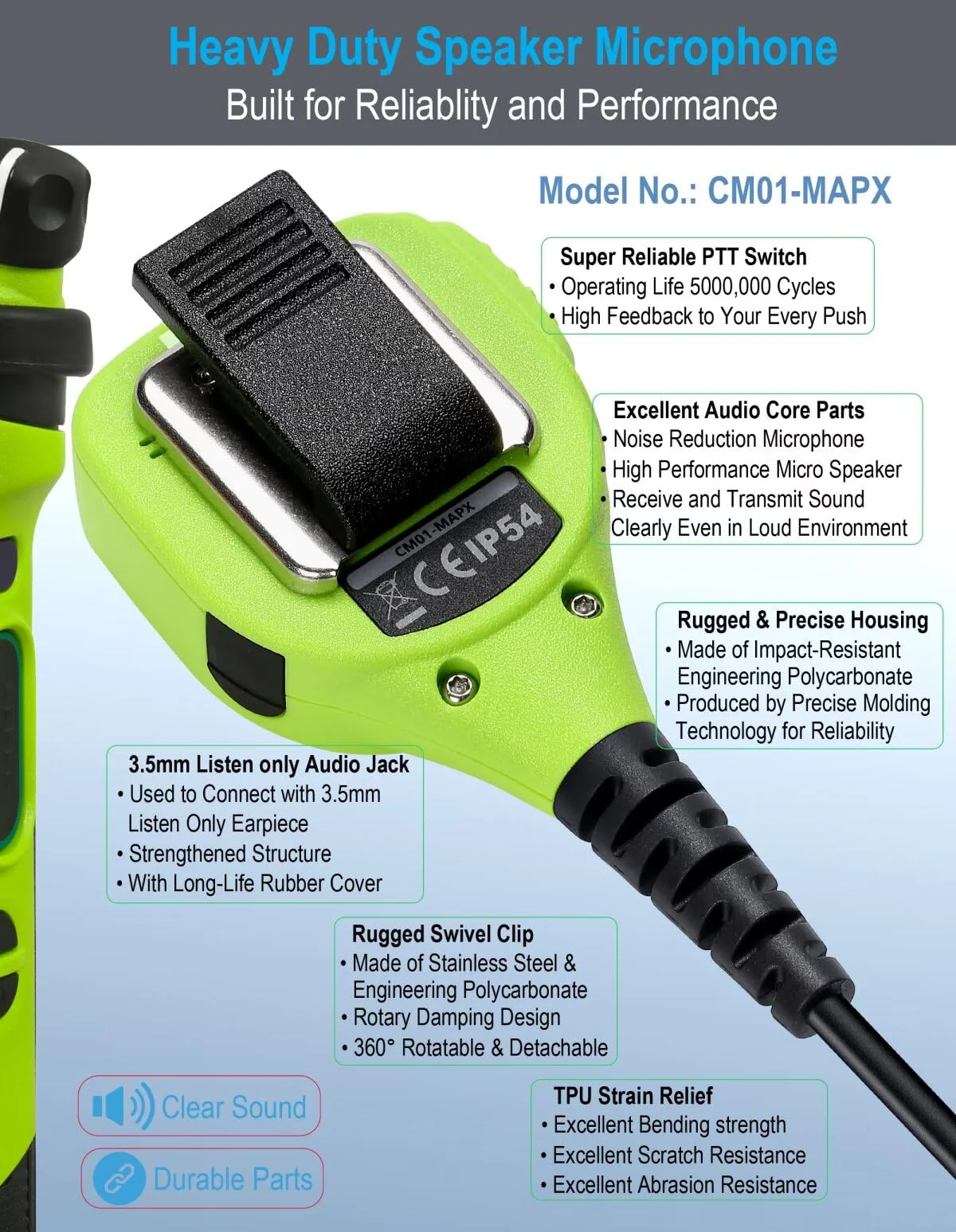 Commountain Speaker Mic with Reinforced Cable for Motorola Radios APX6000 APX7000 APX8000 XPR6350 XPR6550 XPR7550 XPR7350e XPR7550e XPR7580e APX 6000 7000 8000 XPR 6550 7550 7550e,Shoulder Microphone Green - Image 2
