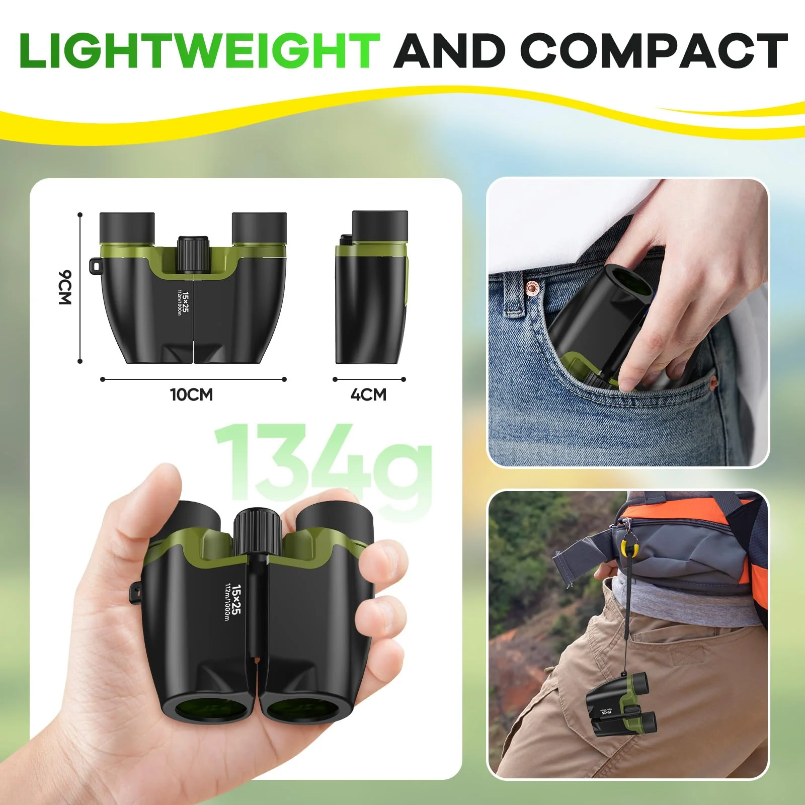 Compact Binoculars for Adults and Kids with BAK4 Prism,15x25 FMC Lens Waterproof Binocular with Low Light Vision,Small Binoculars for Cruise Ship Bird Watching (Green) Green - Image 6
