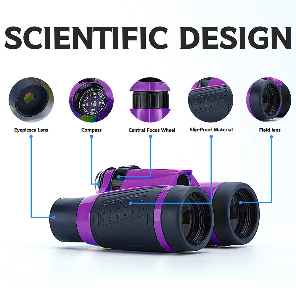 Compact Binoculars for Kids Bird Watching Hiking Camping Fishing Accessories Gear Essentials Best Toy Gifts for Boys Girls Children Toddler Waterproof 5X30 Optical Lens Including Compass Purple - Image 4