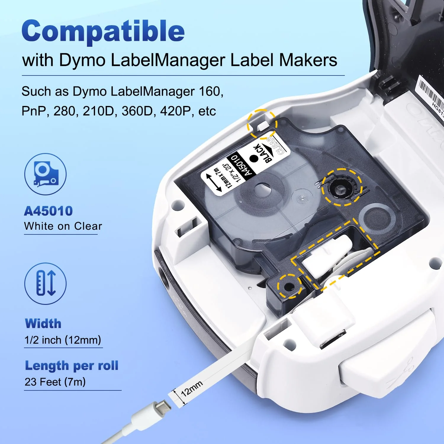 Compatible DYMO D1 Label Tape Black on Clear Replace for DYMO Label Maker Refills 45010 S0720500, 1/2Inch x 23Ft for Dymo LabelManager 160 210D 280 360D Label Maker, 3-Pack - Image 2
