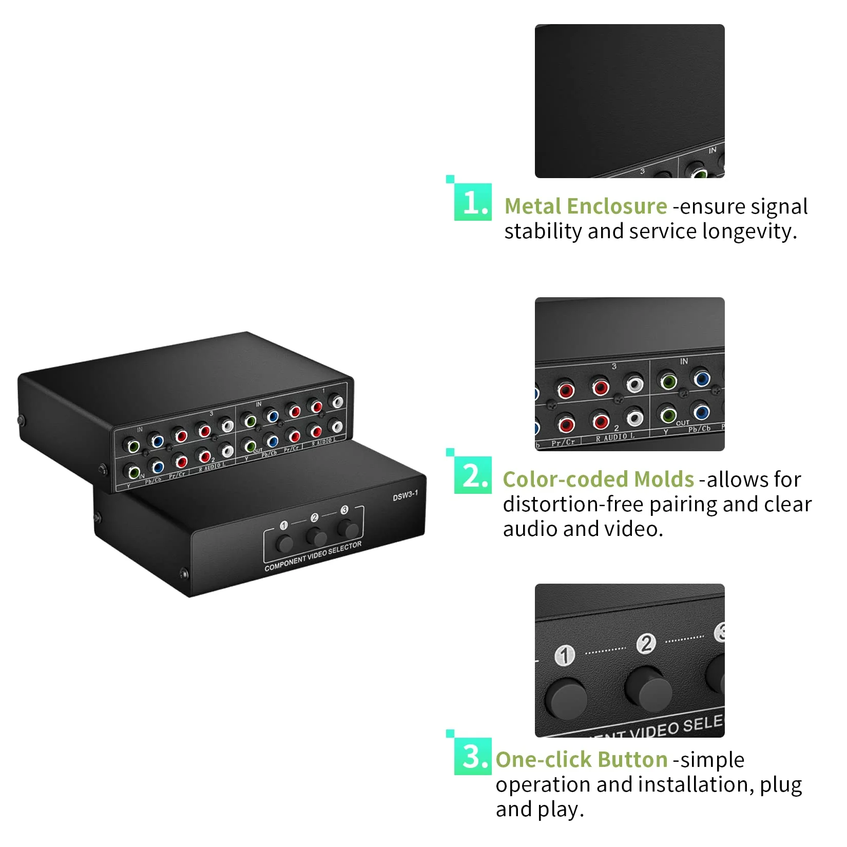 Component AV Video Switch Box 3 in 1 Out, BolAAzuL 3 Port 5 RCA YPbPr Cable RGB Component AV Switcher Selector Converter 3-Way Plug & Play for Retro Gaming PS2 Wii Xbox DVD Player TV 3X1 Switch - Image 4