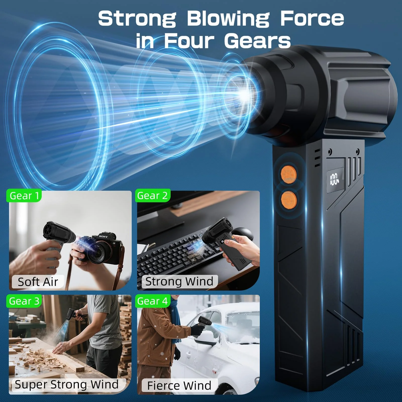 Compressed Air Duster with Flashlight,180000RPM Electric Air Duster,4-Gear with Display High-Speed Electric Duster with Multi-Purpose Nozzles for Computer, Keyboard, Outdoor, House and Car - Image 4