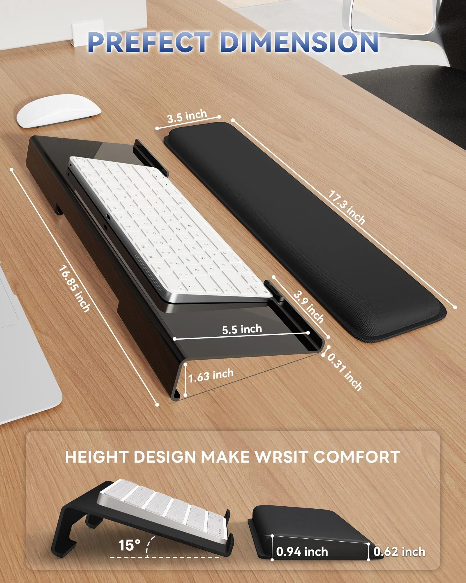 Computer Keyboard Stand, Keyboard Riser for Easy Typing, Ergonomic Keyboard Wrist Rest with Anti-Slip Base, Comfortable Keyboard Holder with Wrist Pad for Office Desk, Home, School (Black) Black - Image 3
