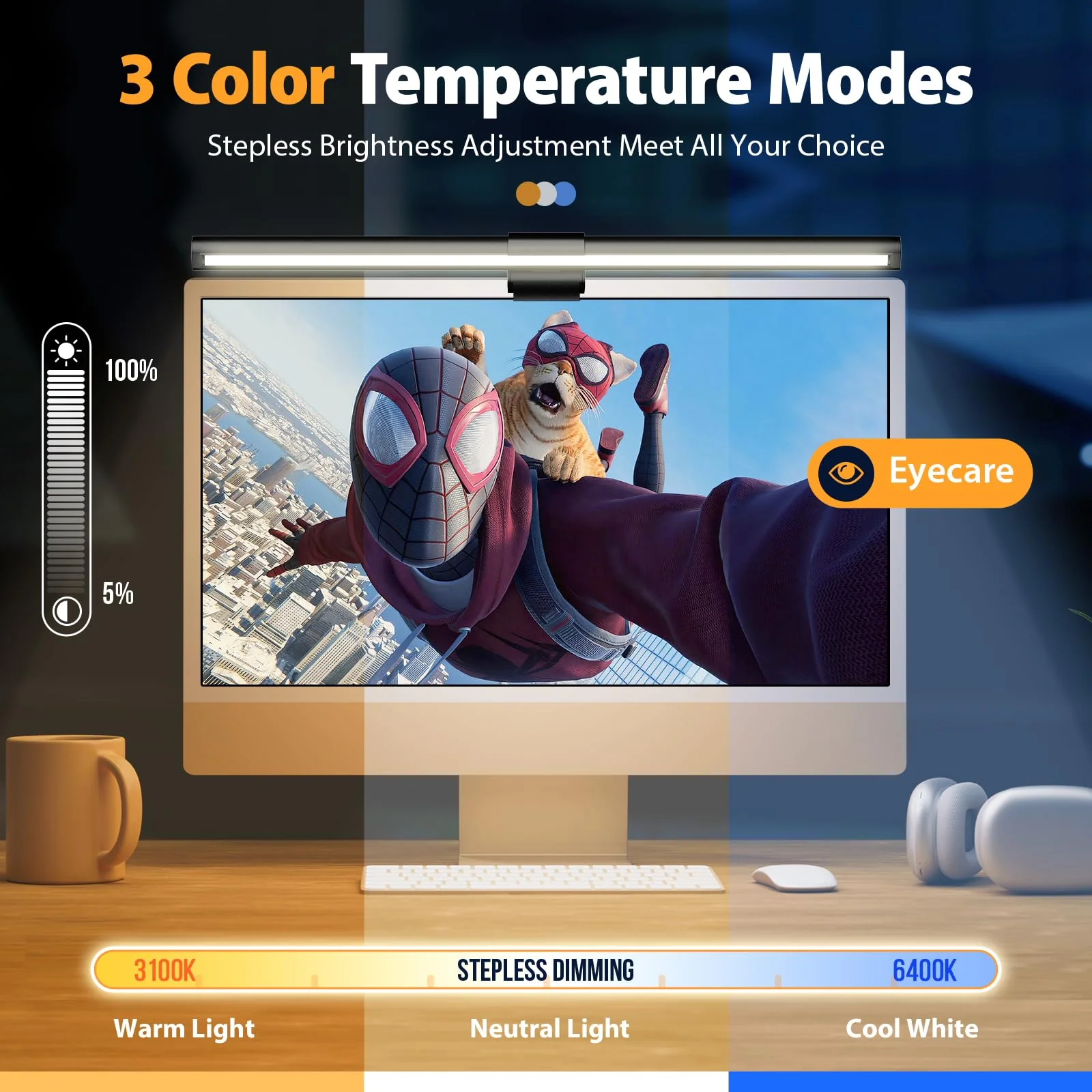 Computer Monitor Light,Screen Monitor Light Bar with Backlight for Eye Caring, E-Reading LED Task Lamp with Color/Dimming Adjustment,Touch Control,No Screen Glare Space Saving Home Office Lamp Basic - Image 2