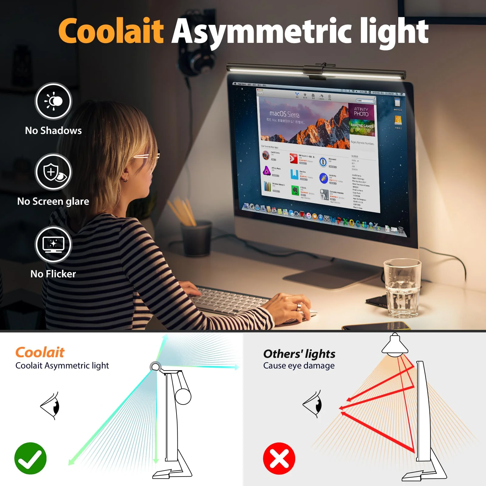 Computer Monitor Light,Screen Monitor Light Bar with Backlight for Eye Caring, E-Reading LED Task Lamp with Color/Dimming Adjustment,Touch Control,No Screen Glare Space Saving Home Office Lamp Basic - Image 3