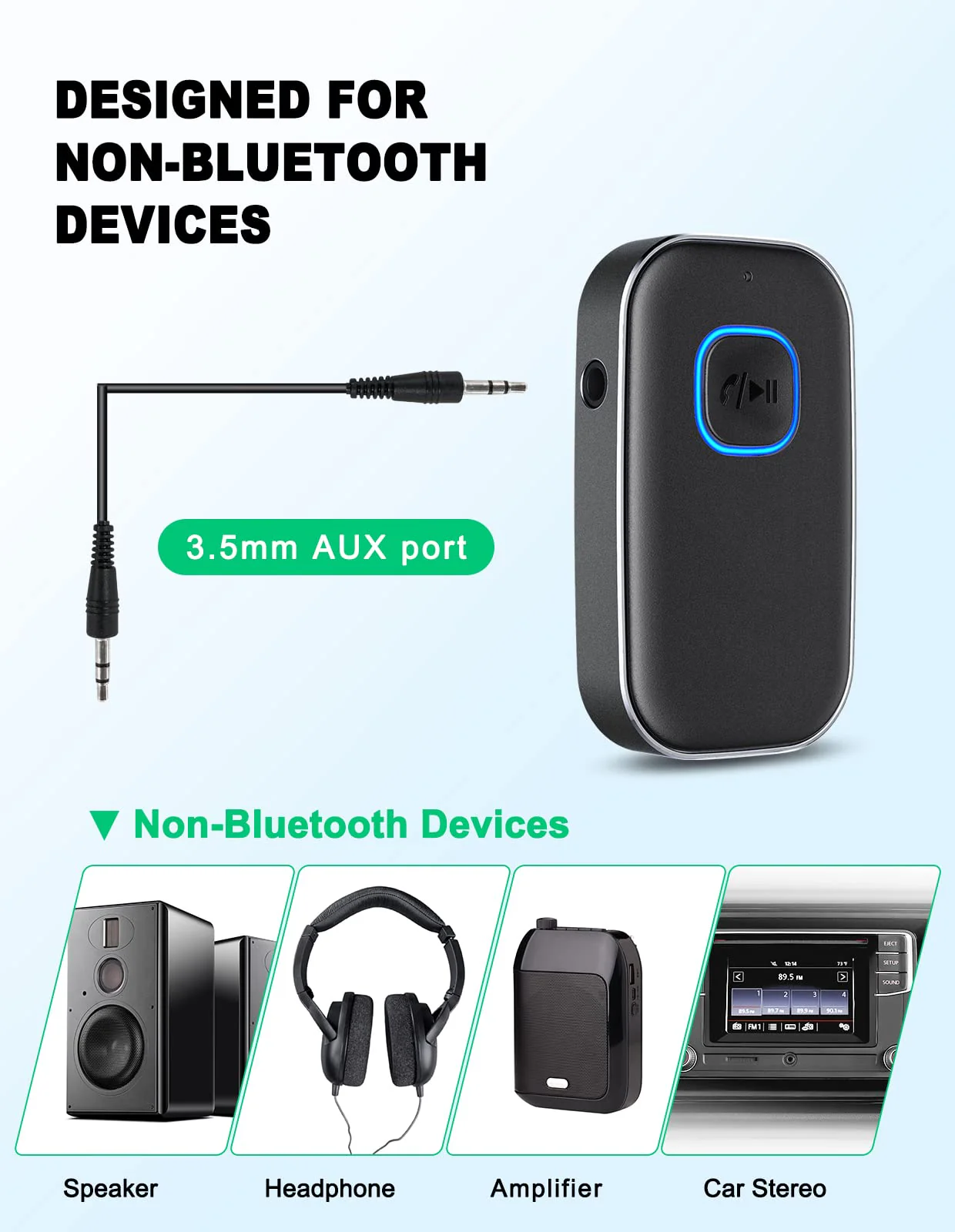 COMSOON Bluetooth AUX Adapter for Car, Noise Reduction Bluetooth Receiver for Music/Hands-Free Calls, Wireless Audio Receiver for Home Stereo/Speaker, 16H Battery Life/Dual Connect (All Black) All Black - Image 2