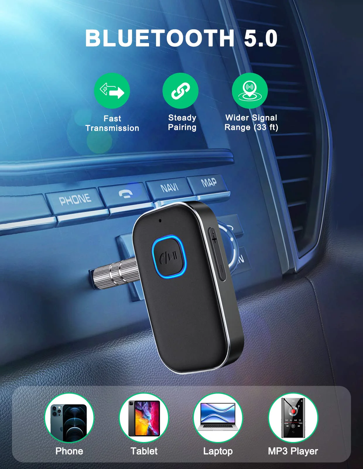 COMSOON Bluetooth AUX Adapter for Car, Noise Reduction Bluetooth Receiver for Music/Hands-Free Calls, Wireless Audio Receiver for Home Stereo/Speaker, 16H Battery Life/Dual Connect (All Black) All Black - Image 3