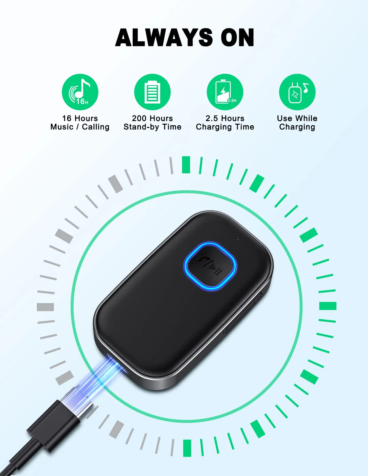 COMSOON Bluetooth AUX Adapter for Car, Noise Reduction Bluetooth Receiver for Music/Hands-Free Calls, Wireless Audio Receiver for Home Stereo/Speaker, 16H Battery Life/Dual Connect (All Black) All Black - Image 6
